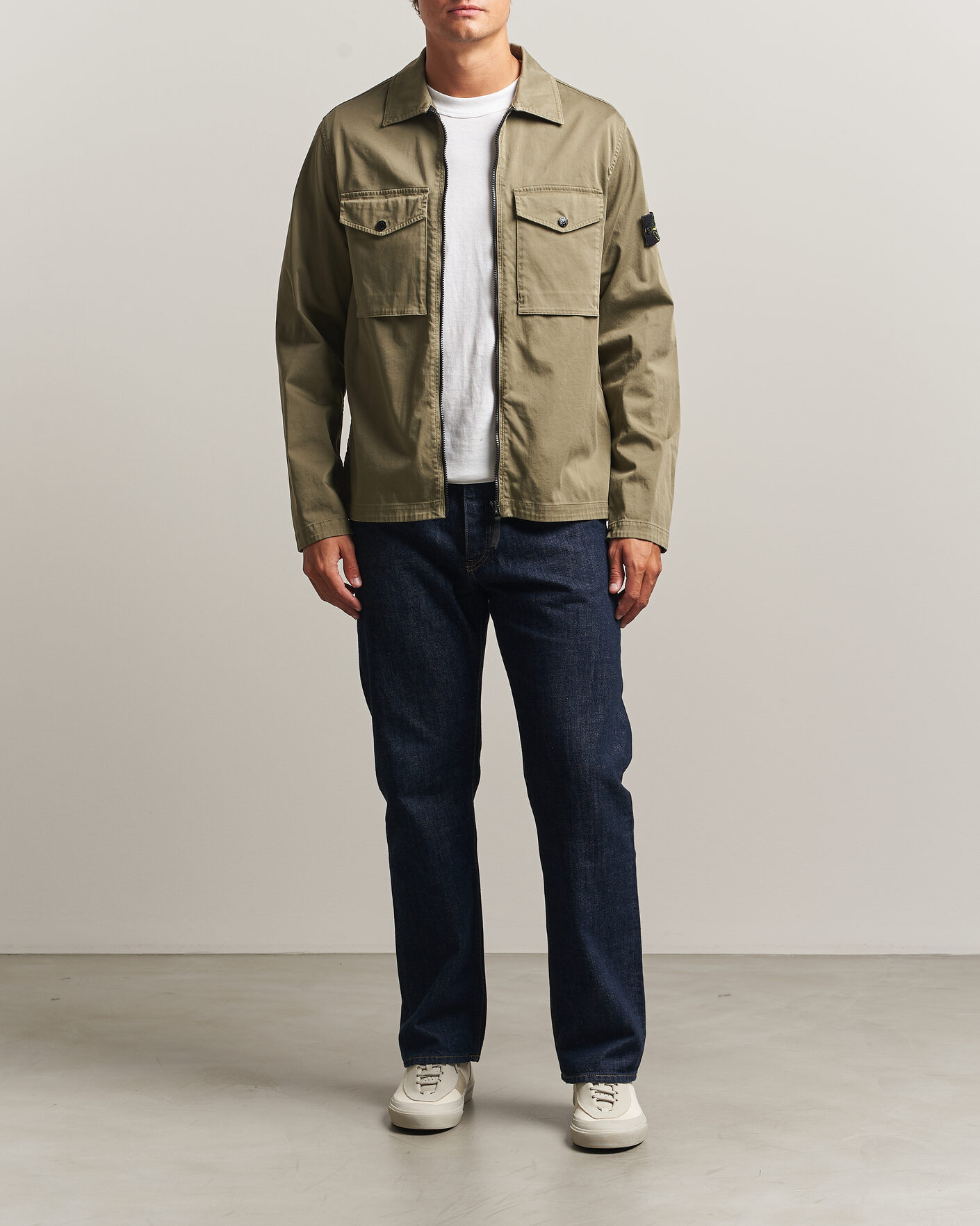 Men | Shirts | Stone Island | Organic Cotton Satin Stretch Zip Overshirt Miltary Green