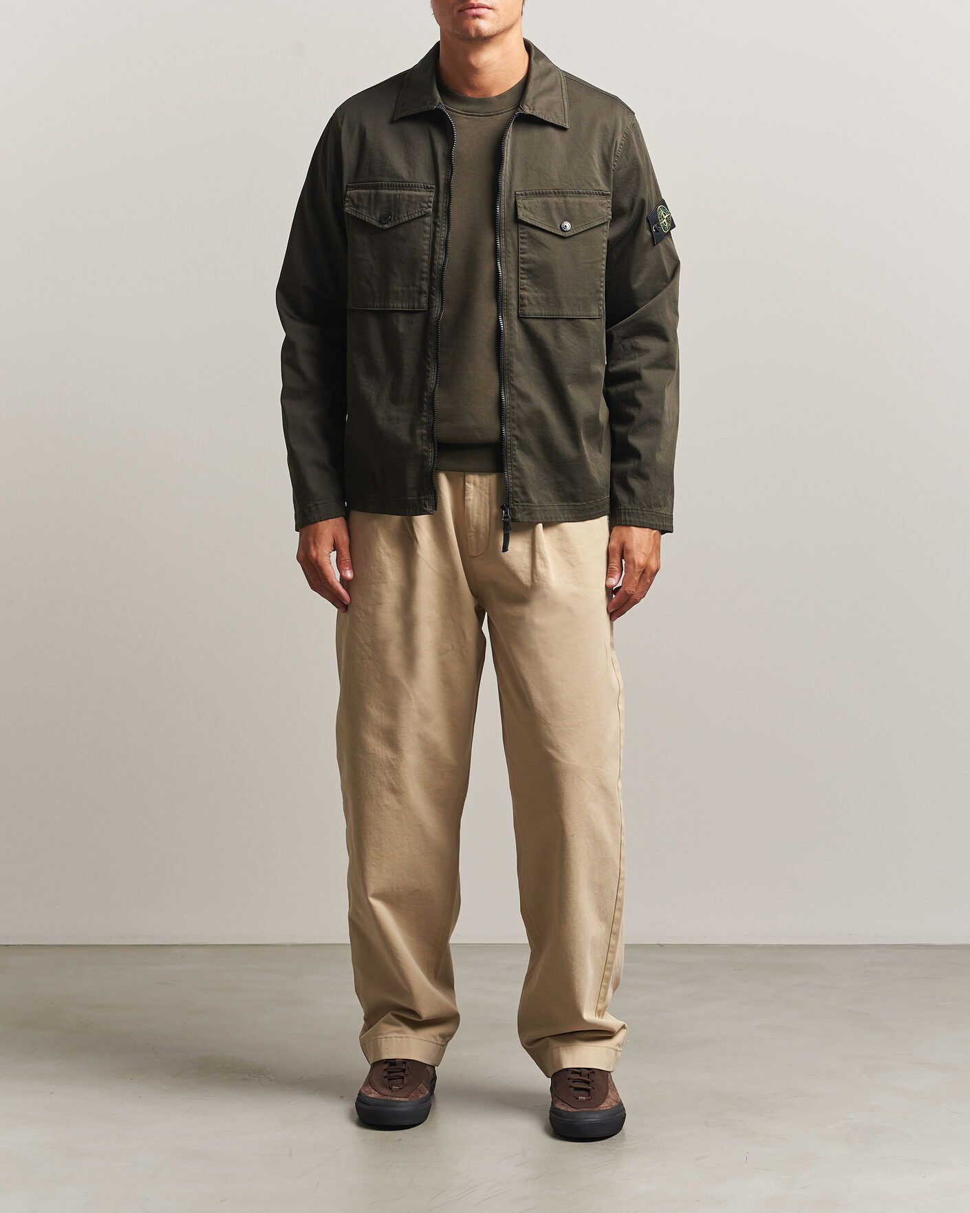 Men | Shirts | Stone Island | Organic Cotton Satin Stretch Zip Overshirt Grey
