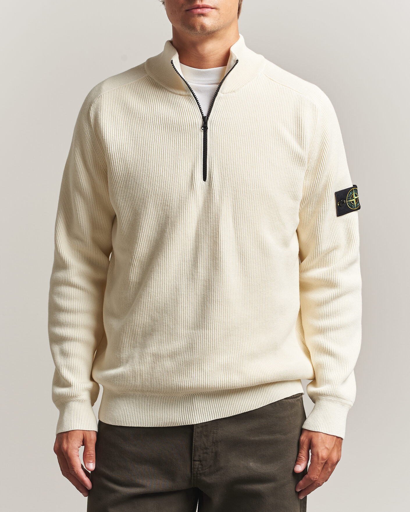 Men | Sweaters & Knitwear | Stone Island | Ribbed Soft Organic Cotton Half-Zip Ivory
