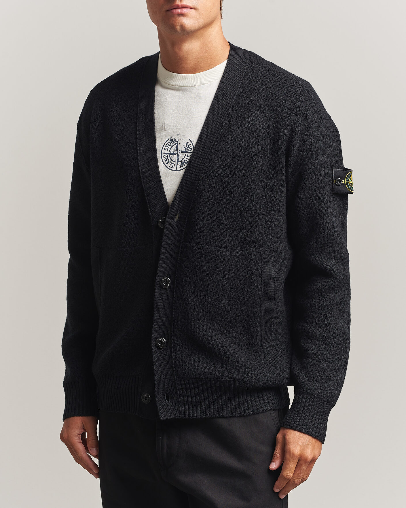 Men | Sweaters & Knitwear | Stone Island | Textured Stitch Wool Cardigan Black