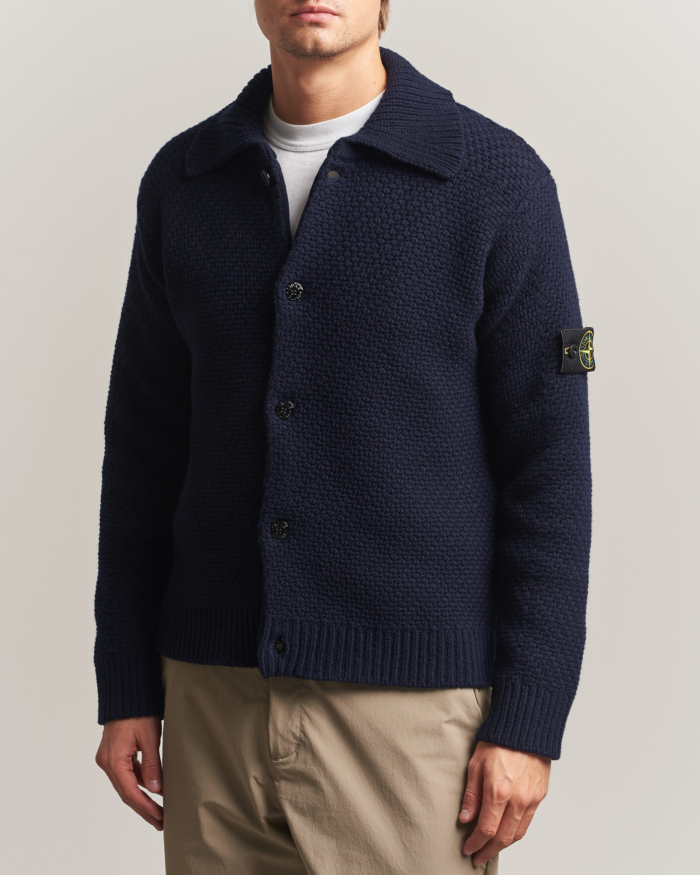 Men | Sweaters & Knitwear | Stone Island | Basket Stitch Lambswool Cardigan Navy Blue