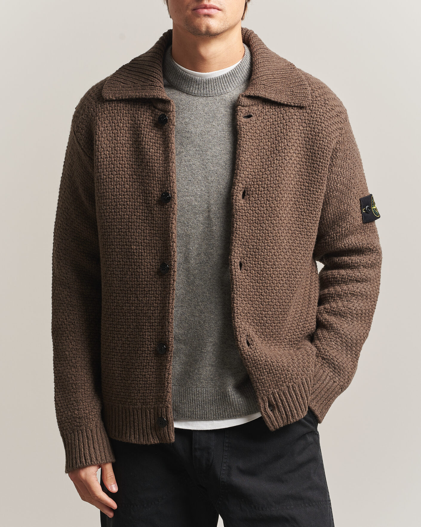Men | Sweaters & Knitwear | Stone Island | Basket Stitch Lambswool Cardigan Umber Melange