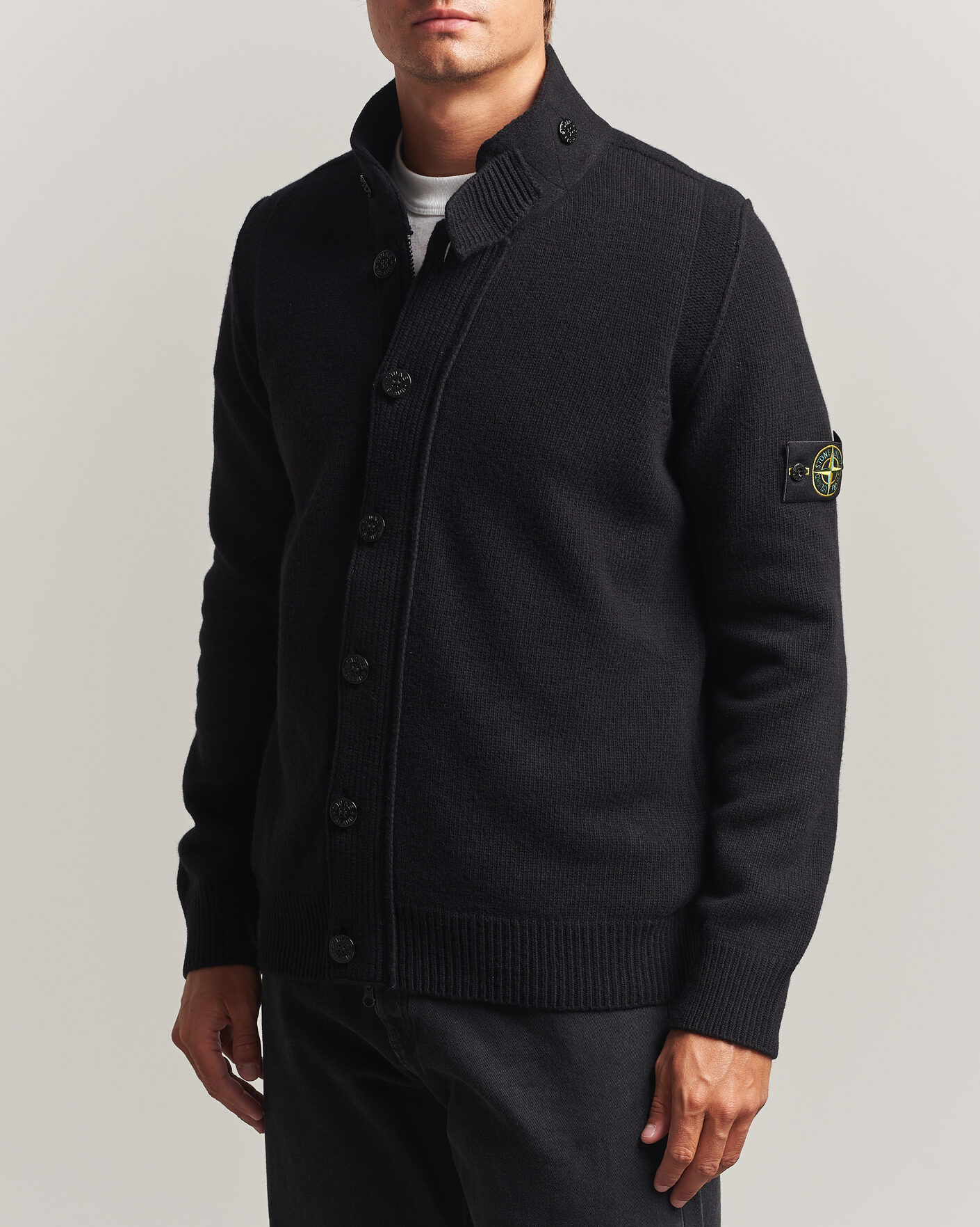 Men | Sweaters & Knitwear | Stone Island | Knitted Lambswool Zip Button Cardigan Black