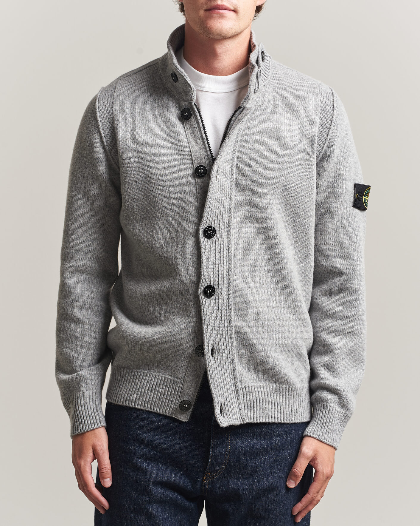 Stone Island Knitted Lambswool Zip Button Cardigan Grey Melange at