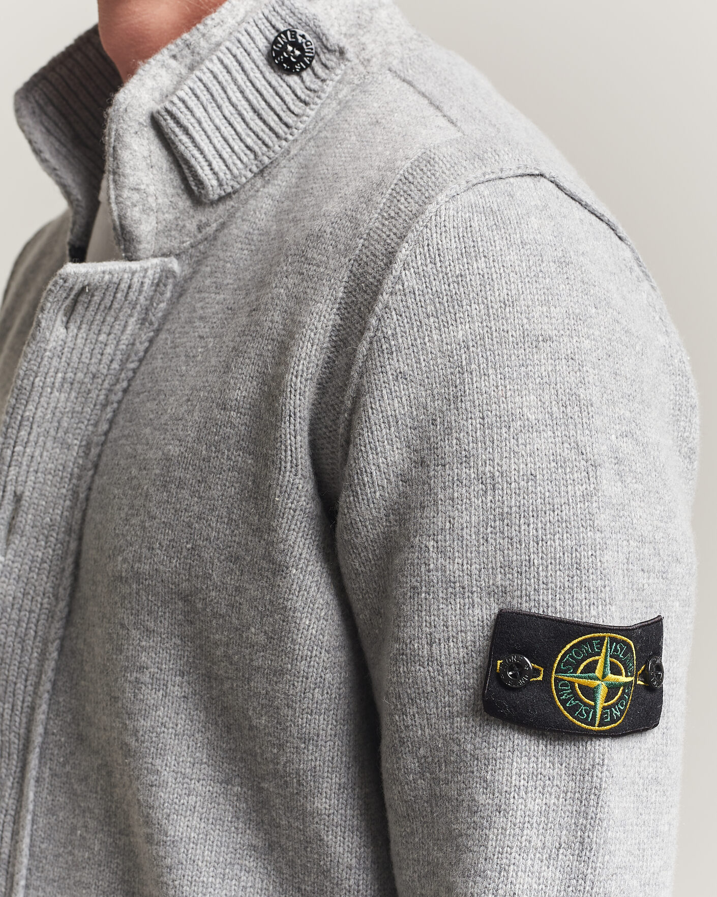 Stone Island Knitted Lambswool Zip Button Cardigan Grey Melange at
