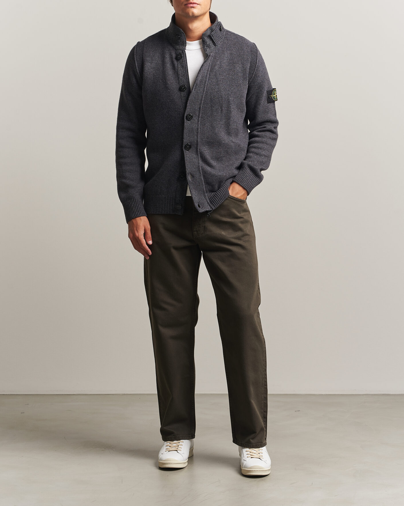 Men | Sweaters & Knitwear | Stone Island | Knitted Lambswool Zip Button Cardigan Melange Lead