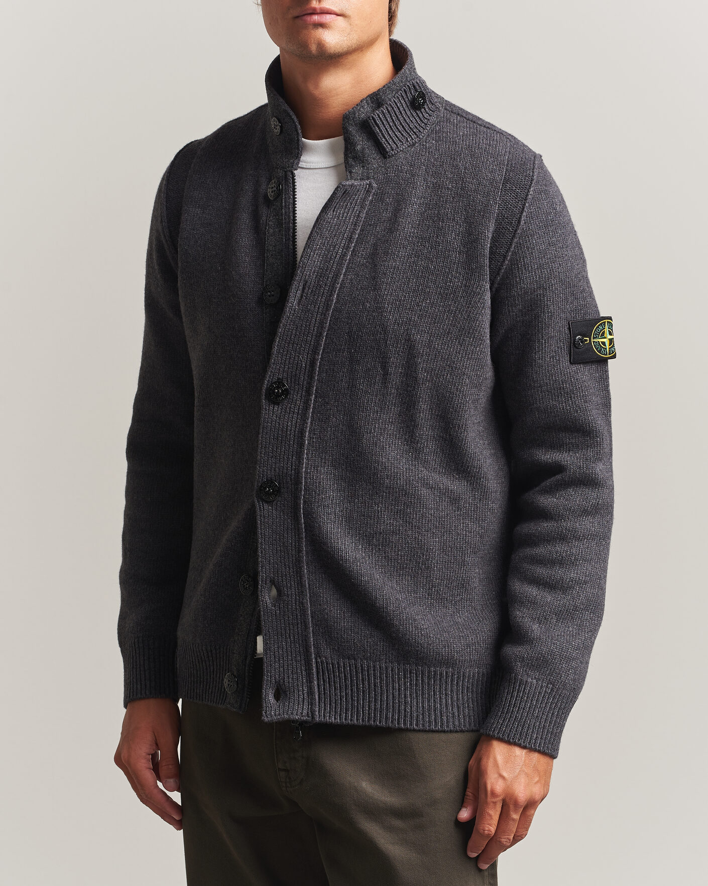 Men | Sweaters & Knitwear | Stone Island | Knitted Lambswool Zip Button Cardigan Melange Lead