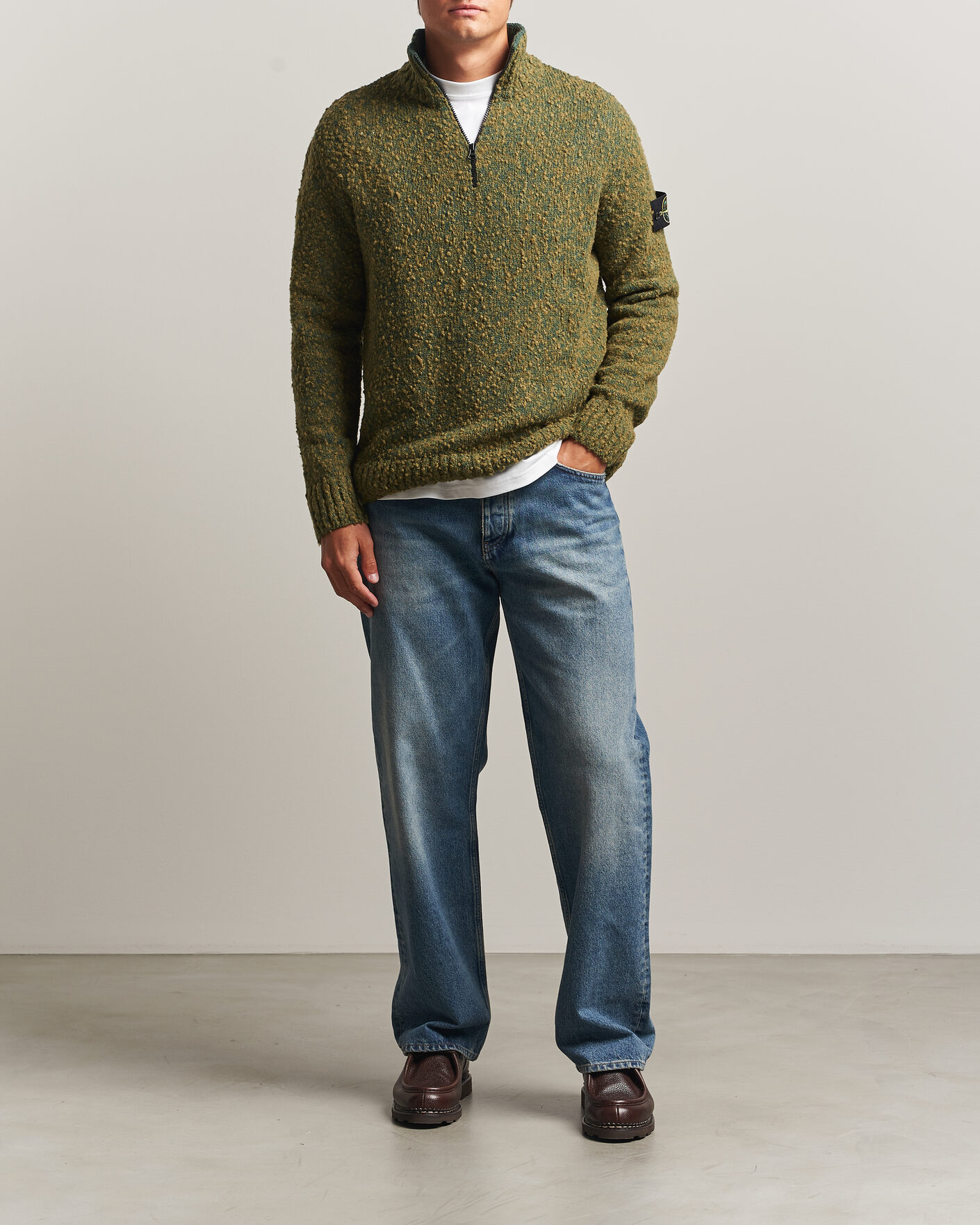 Stone Island Speckled Wool/Nylon Half Zip Dark Green Melange at