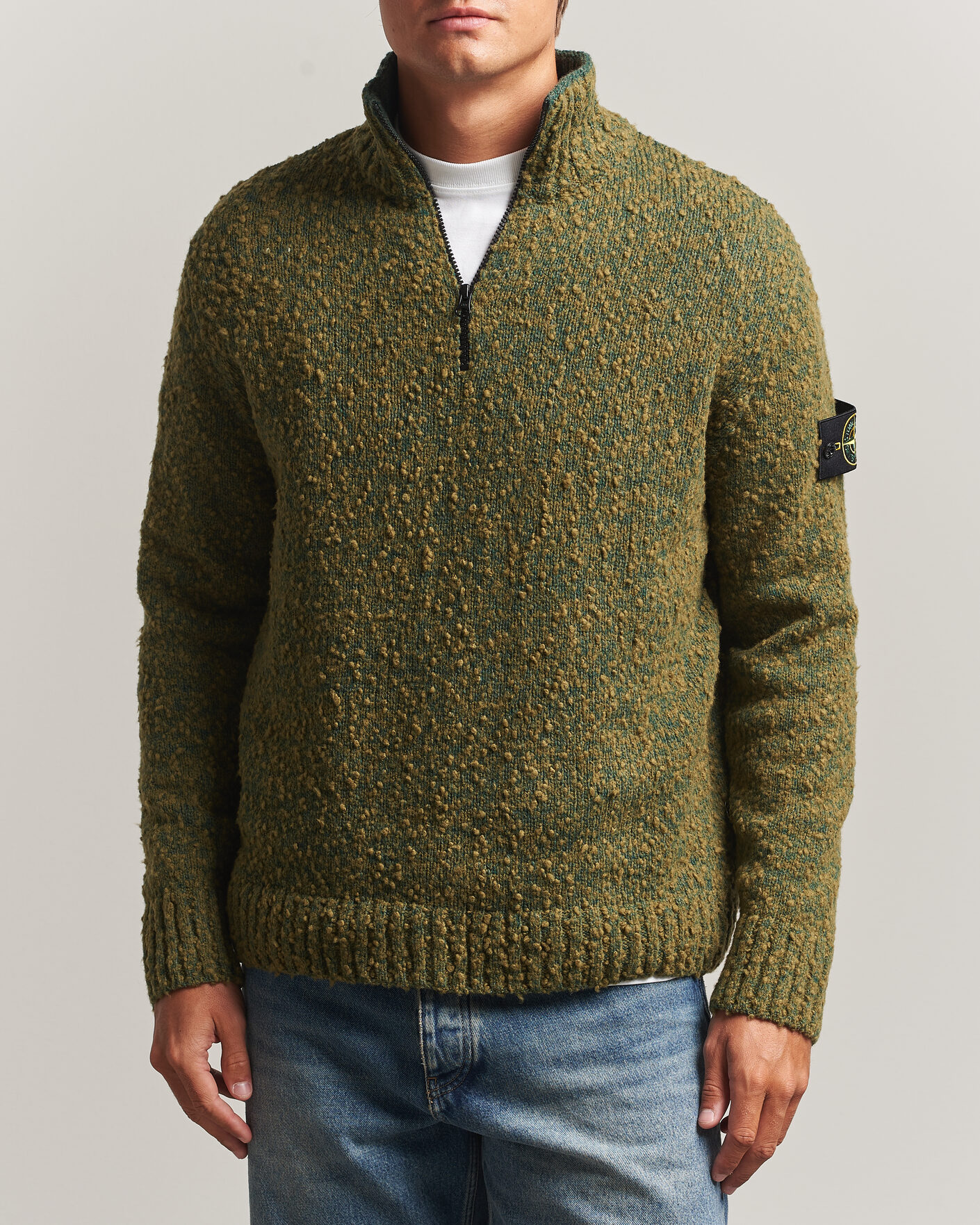 Men | Sweaters & Knitwear | Stone Island | Speckled Wool/Nylon Half Zip Dark Green Melange