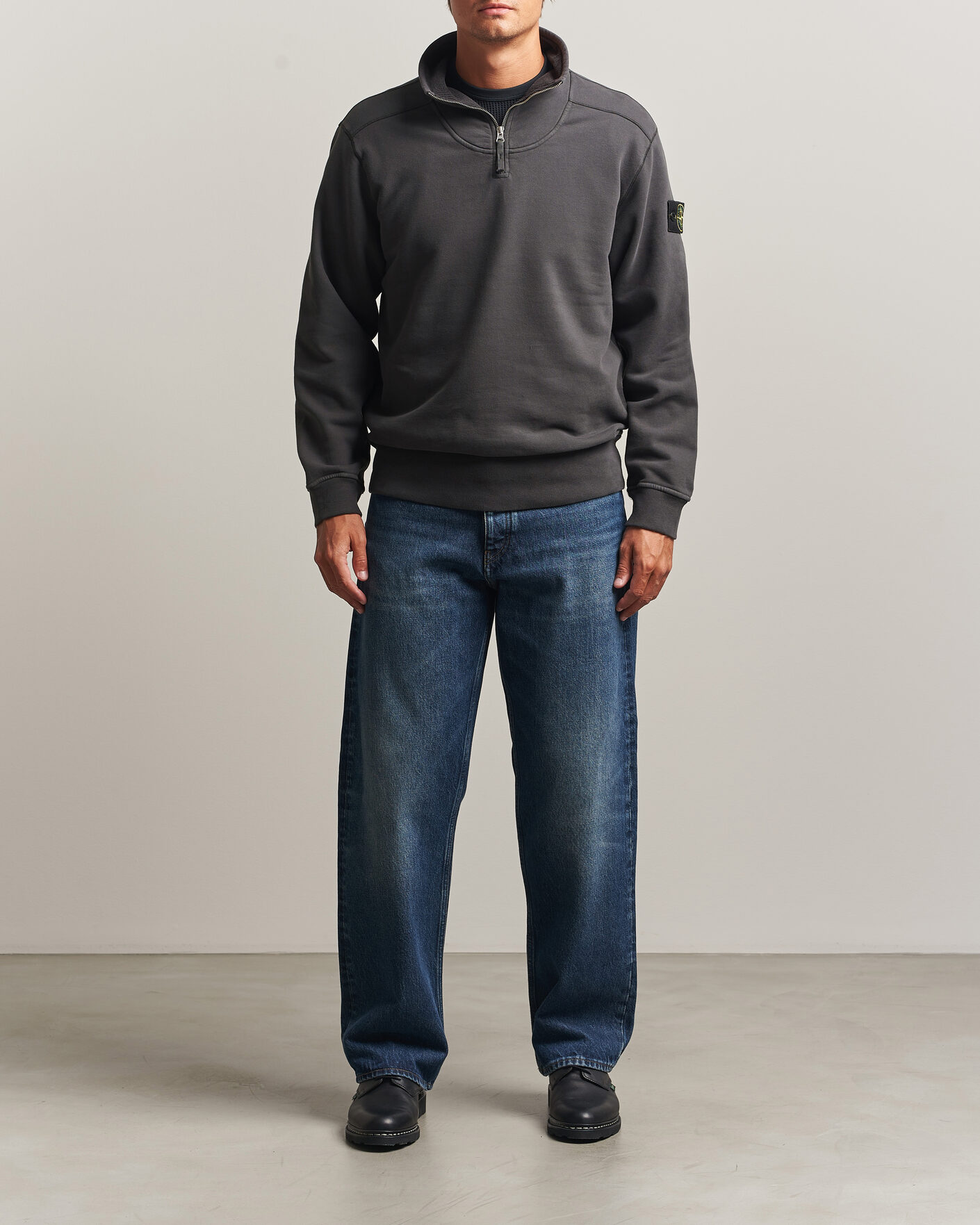 Men | Sweaters & Knitwear | Stone Island | Brushed Cotton Fleece Half Zip Lead Grey