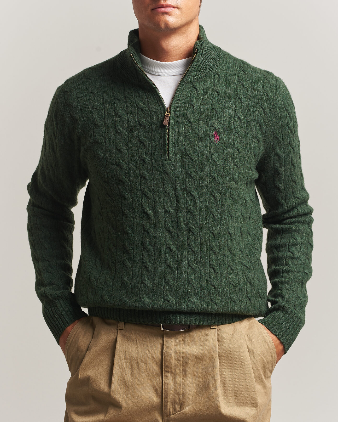 Men | Sweaters & Knitwear | Polo Ralph Lauren | Wool/Cashmere Cable Half Zip Lodgepole Pine Heather