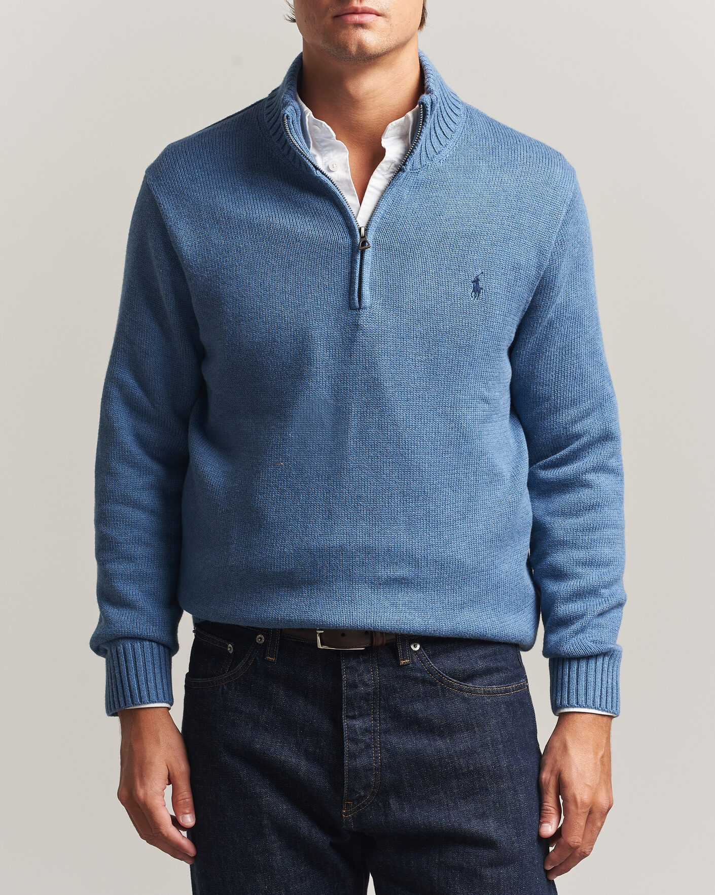 Men | Sweaters & Knitwear | Polo Ralph Lauren | Cotton Pullover Half Zip Blue Borage Heather