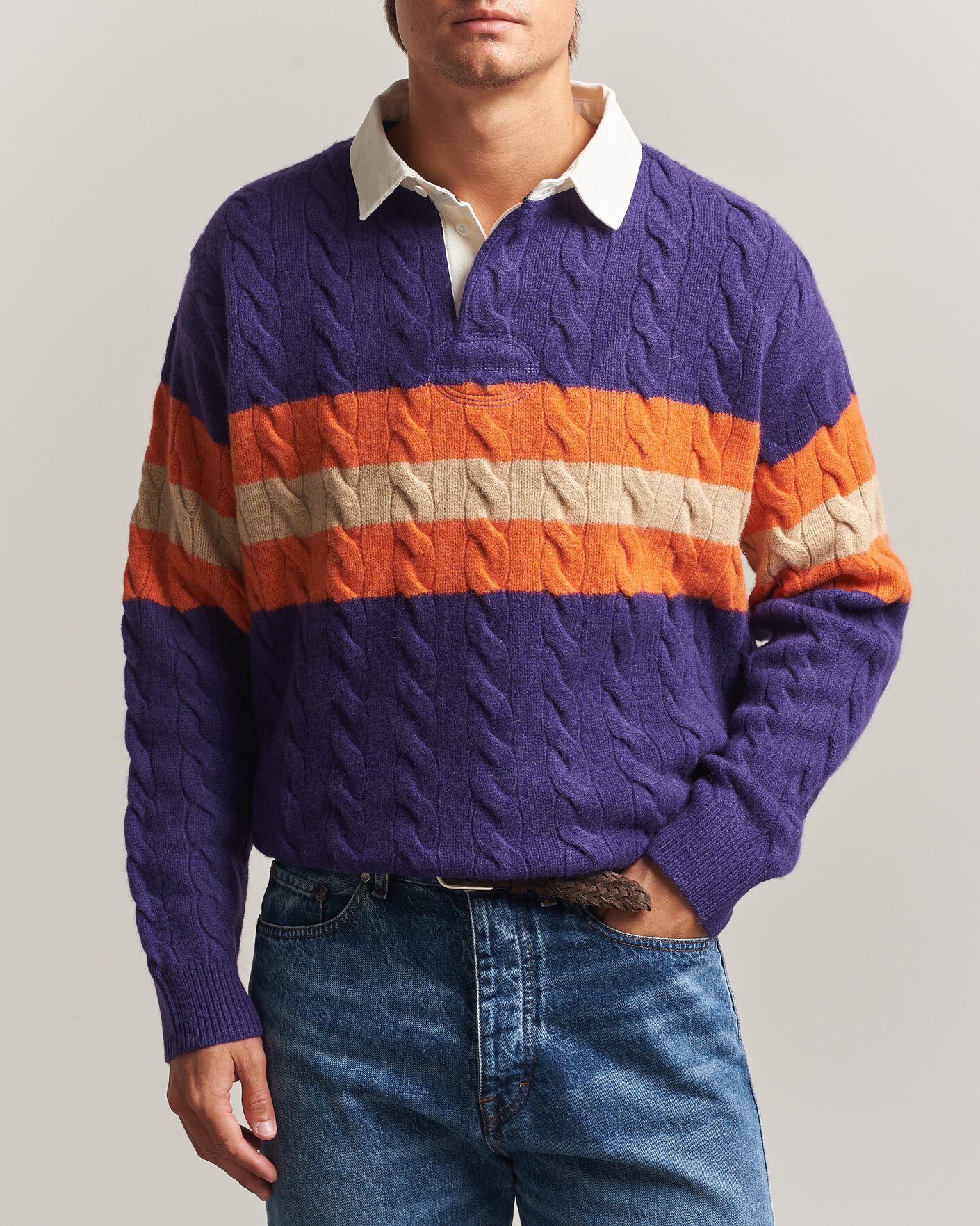 Men | Sweaters & Knitwear | Polo Ralph Lauren | Wool Blend Cable Knitted Polo Purple Combo