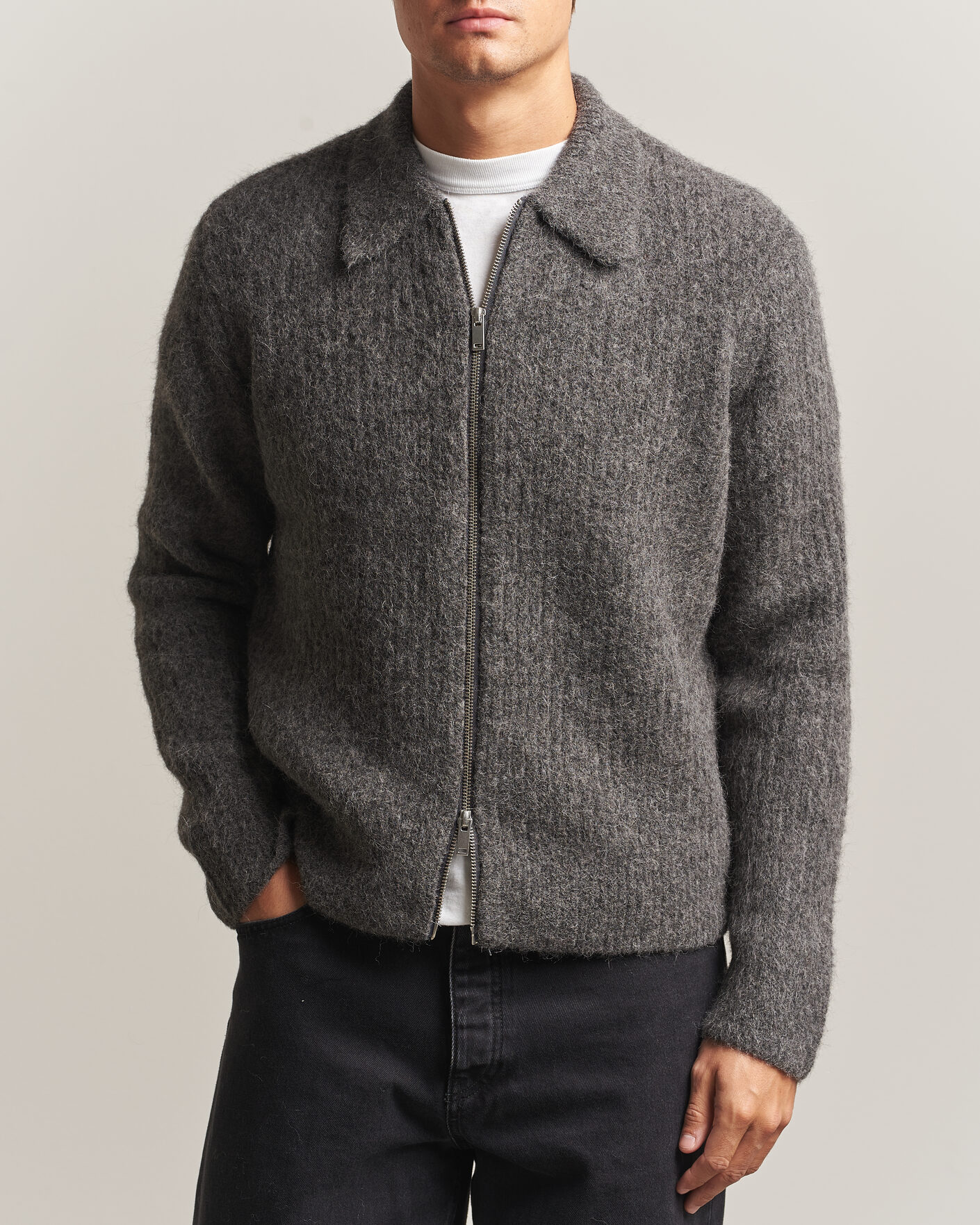 Men | Sweaters & Knitwear | Samsøe Samsøe | Job Alpaca Knitted Full Zip Dark Grey Melange