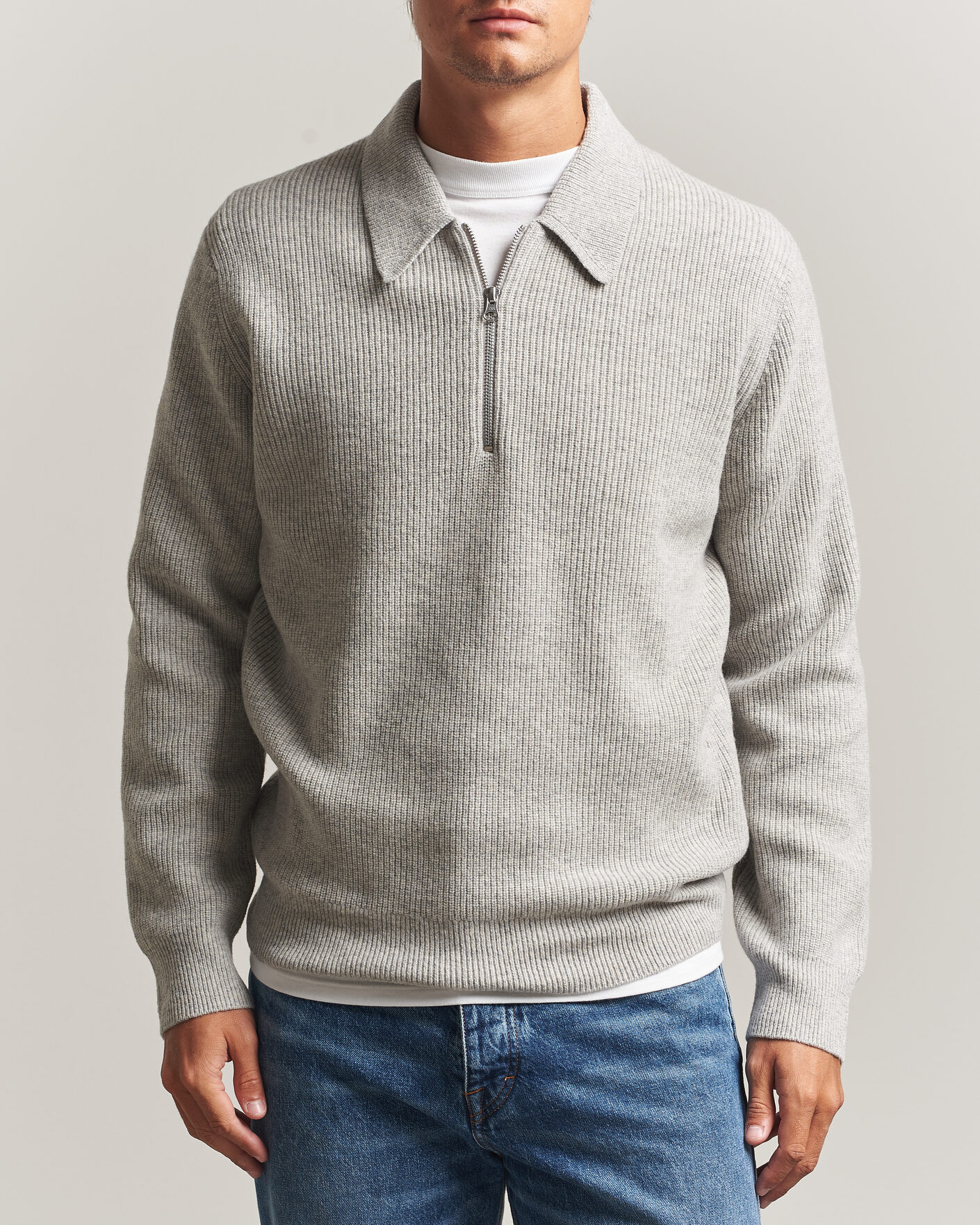 Men | Sweaters & Knitwear | Samsøe Samsøe | Isak Knitted Half Zip Polo Grey Melange