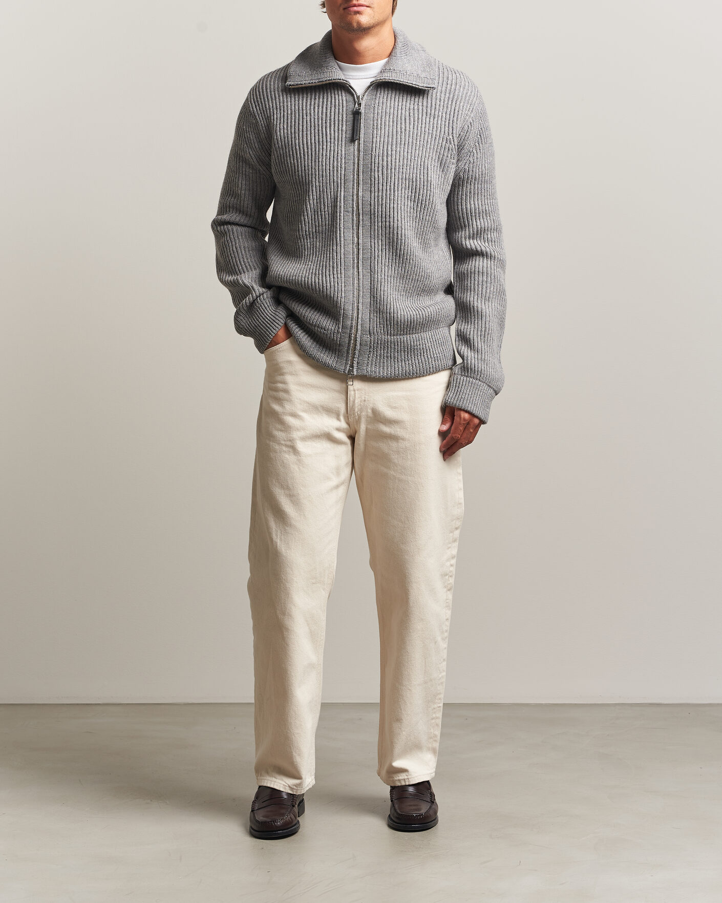 Men | Sweaters & Knitwear | Tiger of Sweden | Niall Wool Heavy Knitted Full Zip Grey Melange