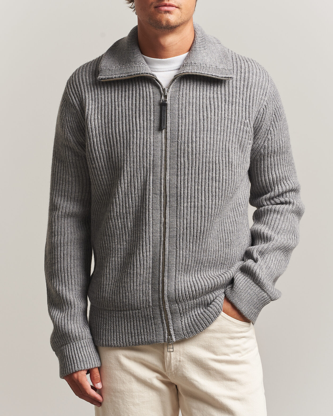 Men | Sweaters & Knitwear | Tiger of Sweden | Niall Wool Heavy Knitted Full Zip Grey Melange