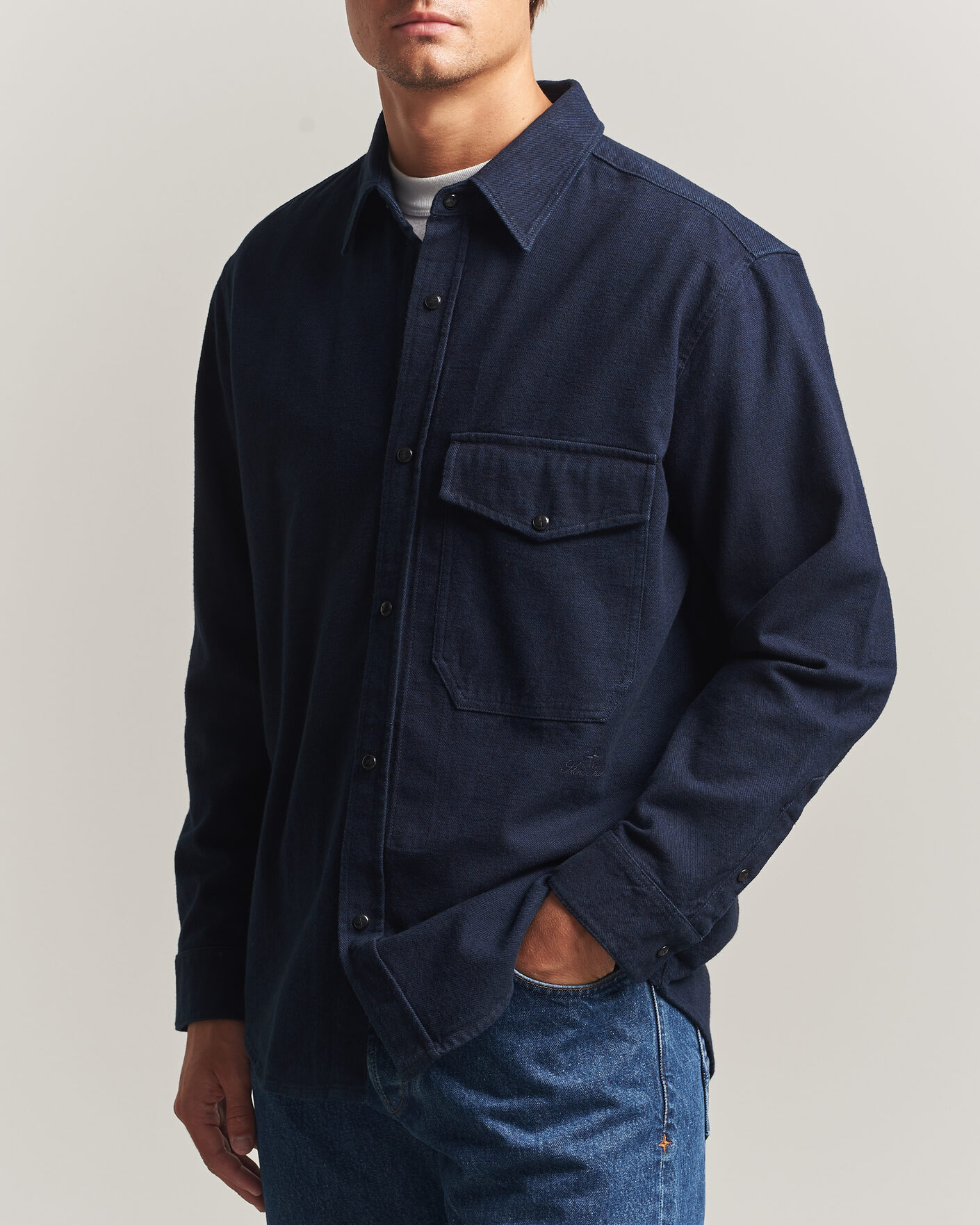 Men | Shirts | Stone Island | Organic Cotton Flannel Denim Shirt Indigo