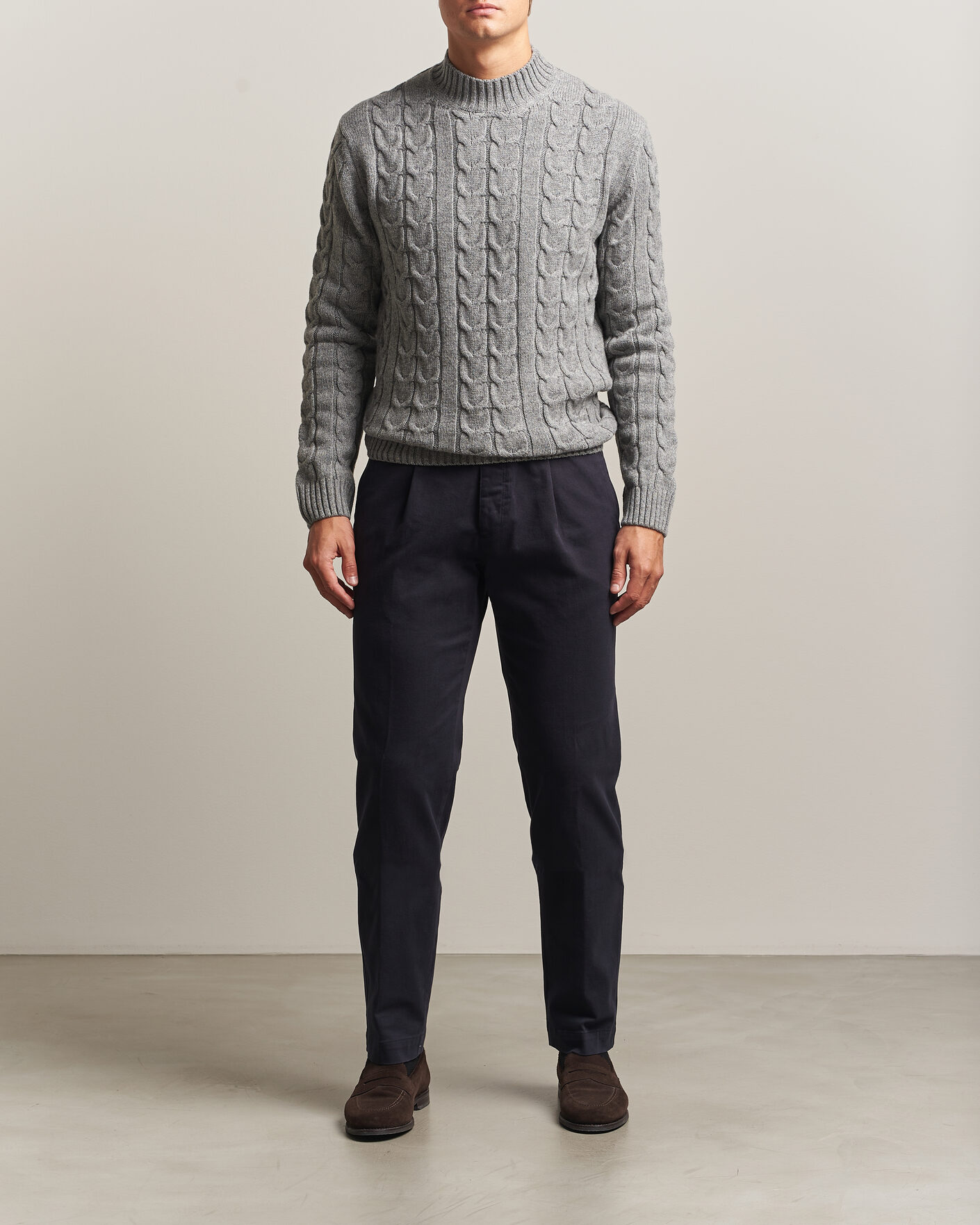 Men | Sweaters & Knitwear | Zanone | Double Cable Crew Neck Grey Melange