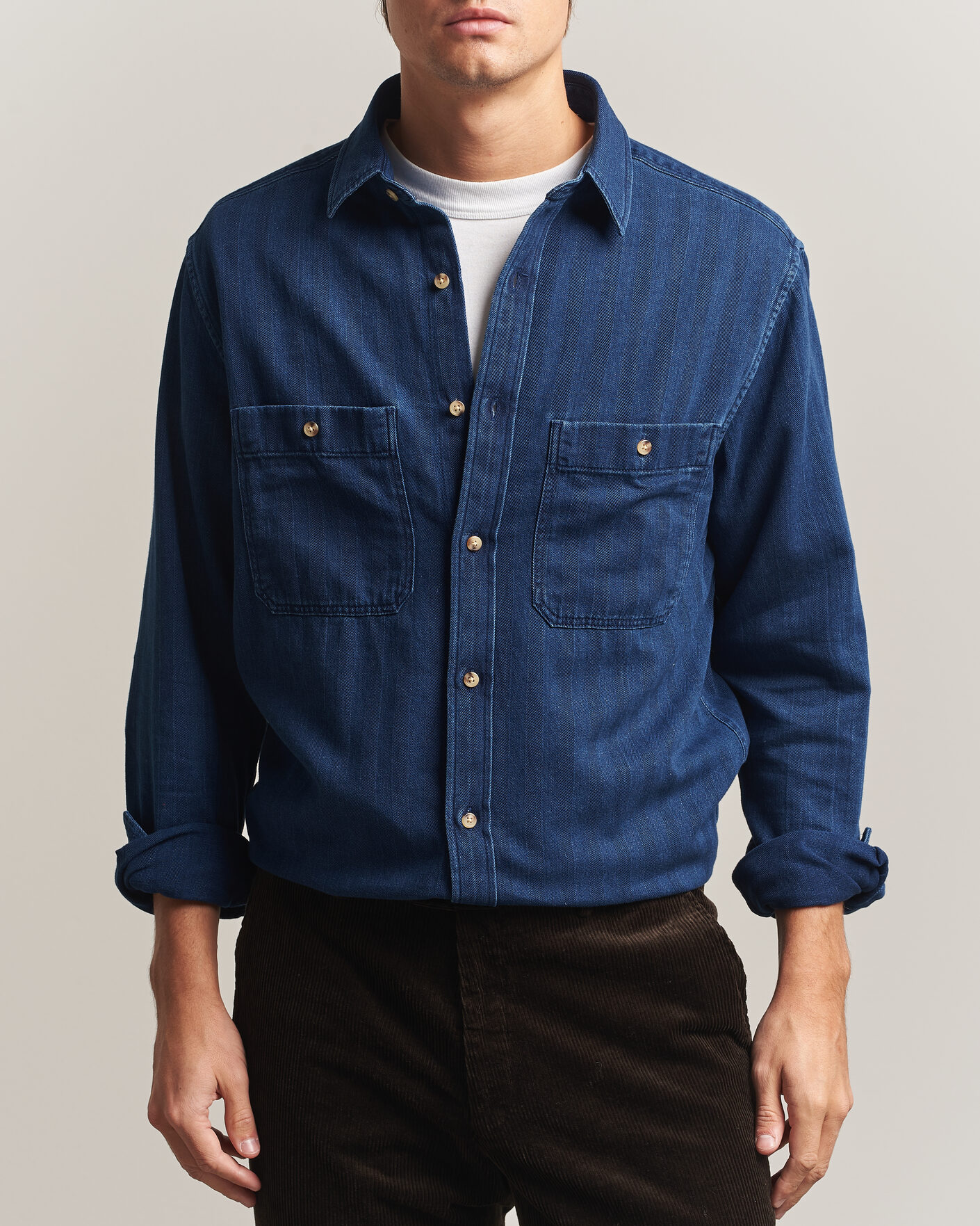 Men | Shirts | Gant | Regular Fit Indigo Herringbone Overshirt Mid Blue