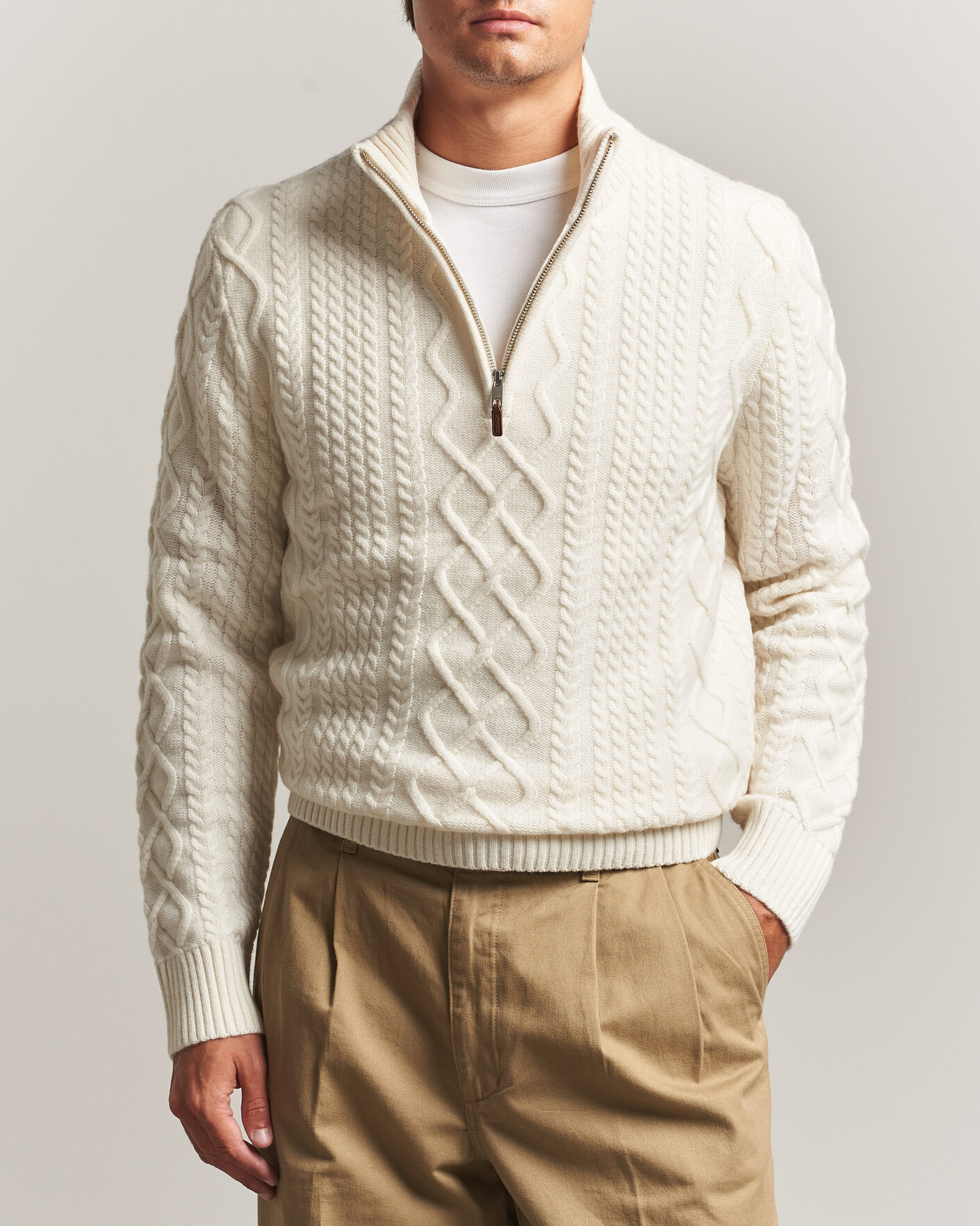 Men | Sweaters & Knitwear | Gant | Wool Cable Knitted Half Zip Cream