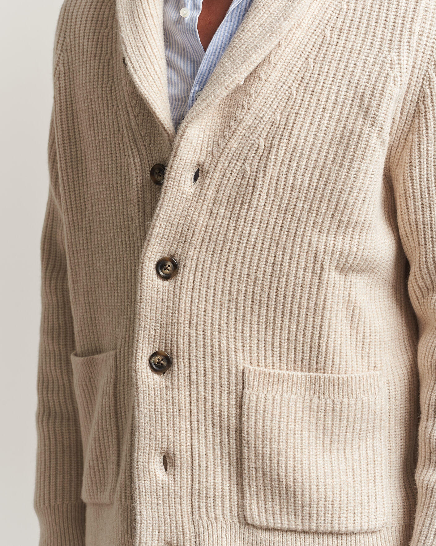 Men | Sweaters & Knitwear | Gant | Wool/Cotton Ribbed Shawl Collar Cardigan Light Beige