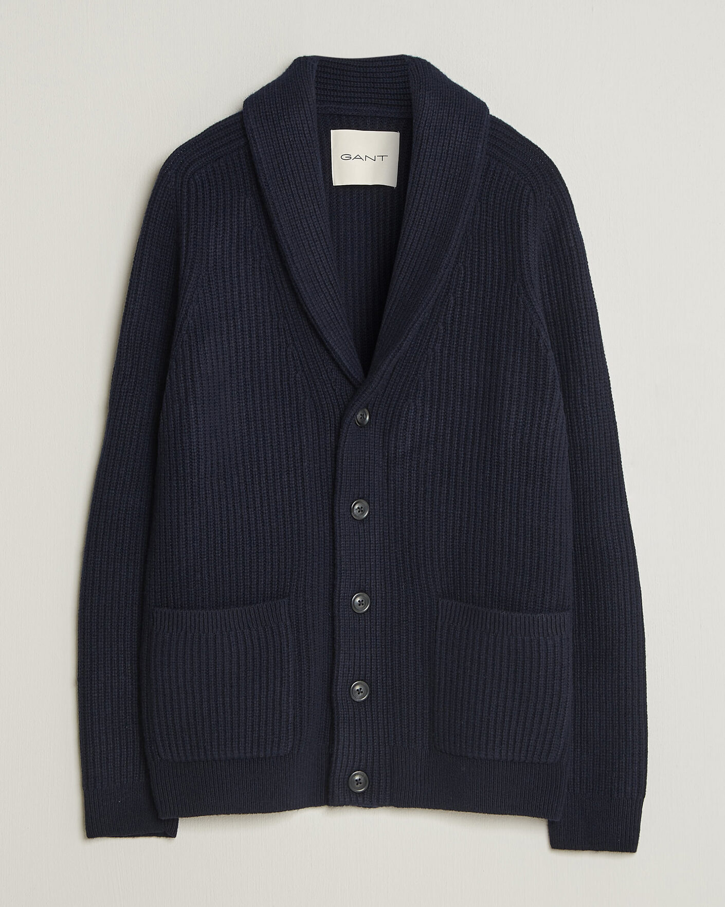 Men | Sweaters & Knitwear | Gant | Wool/Cotton Ribbed Shawl Collar Cardigan Evening Blue