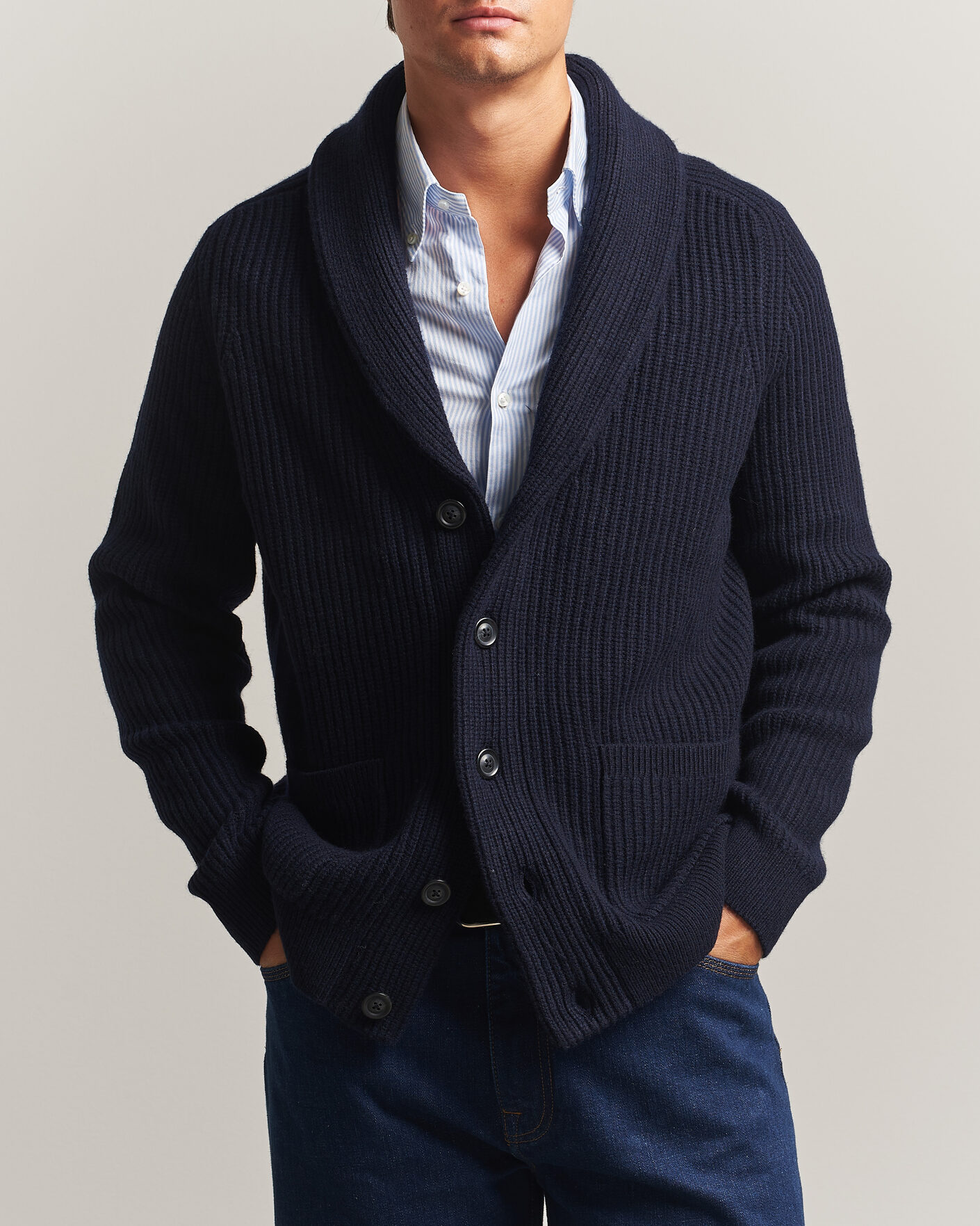 Men | Sweaters & Knitwear | Gant | Wool/Cotton Ribbed Shawl Collar Cardigan Evening Blue