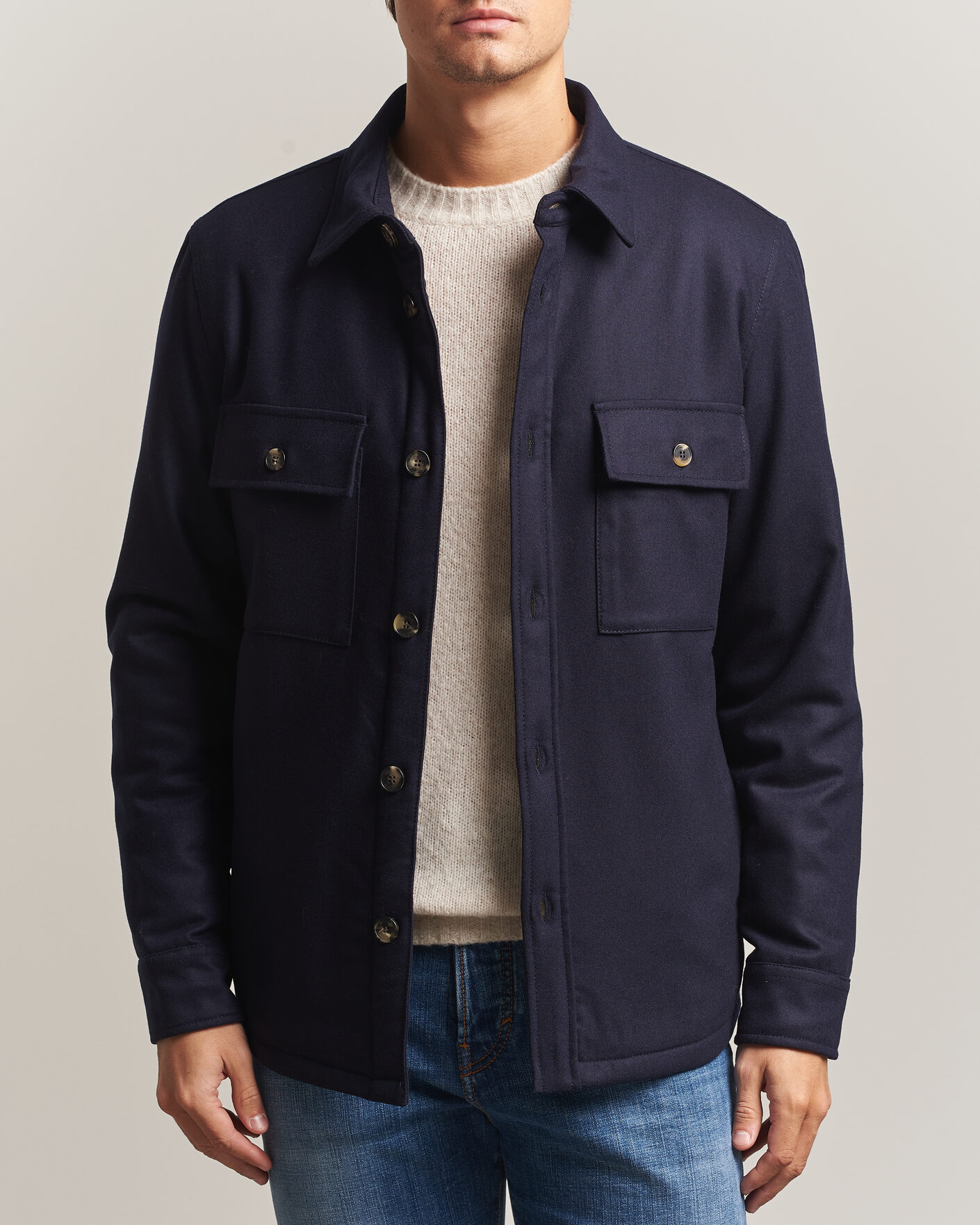 Men | Coats & Jackets | Jacob Cohën | Wool Flannel Eco Fur Lined Shirt Jacket Navy