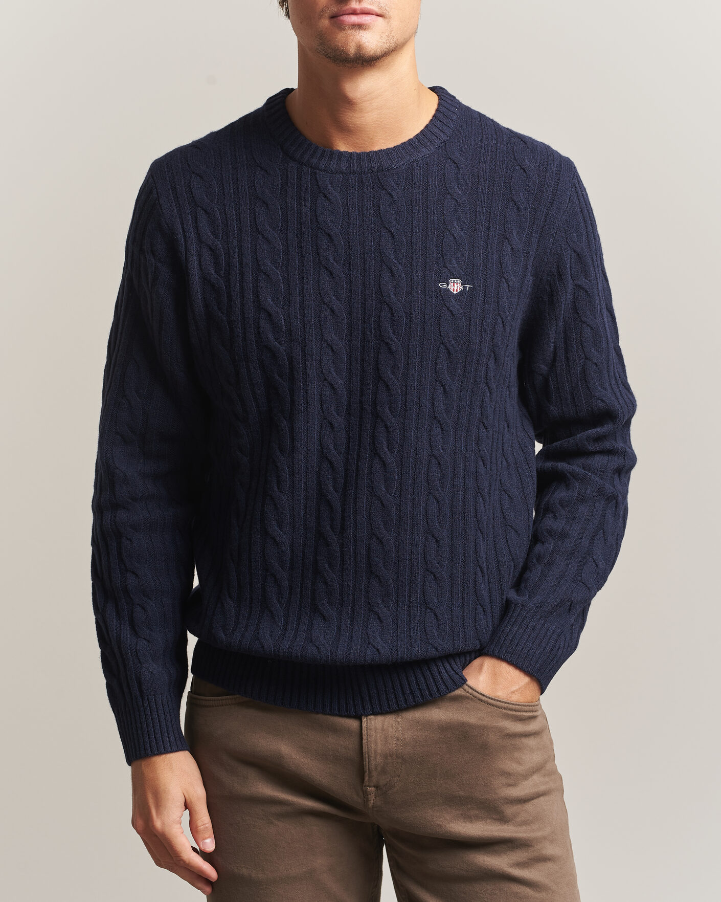 Men | Sweaters & Knitwear | Gant | Lambswool Cable Crew Neck Evening Blue
