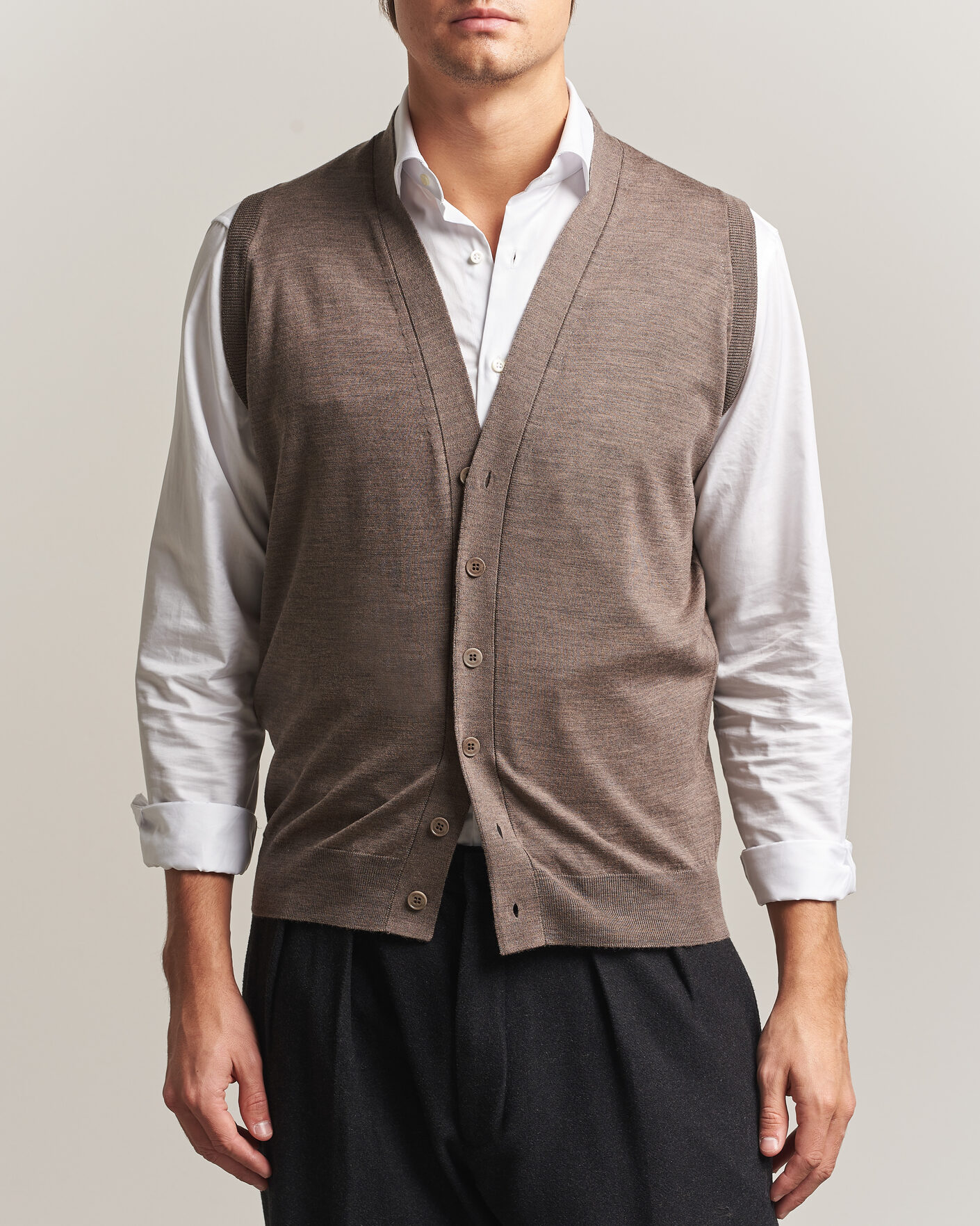 Men | Sweaters & Knitwear | John Smedley | Bolton Extra Fine Merino Waistcoat Mushroom Brown