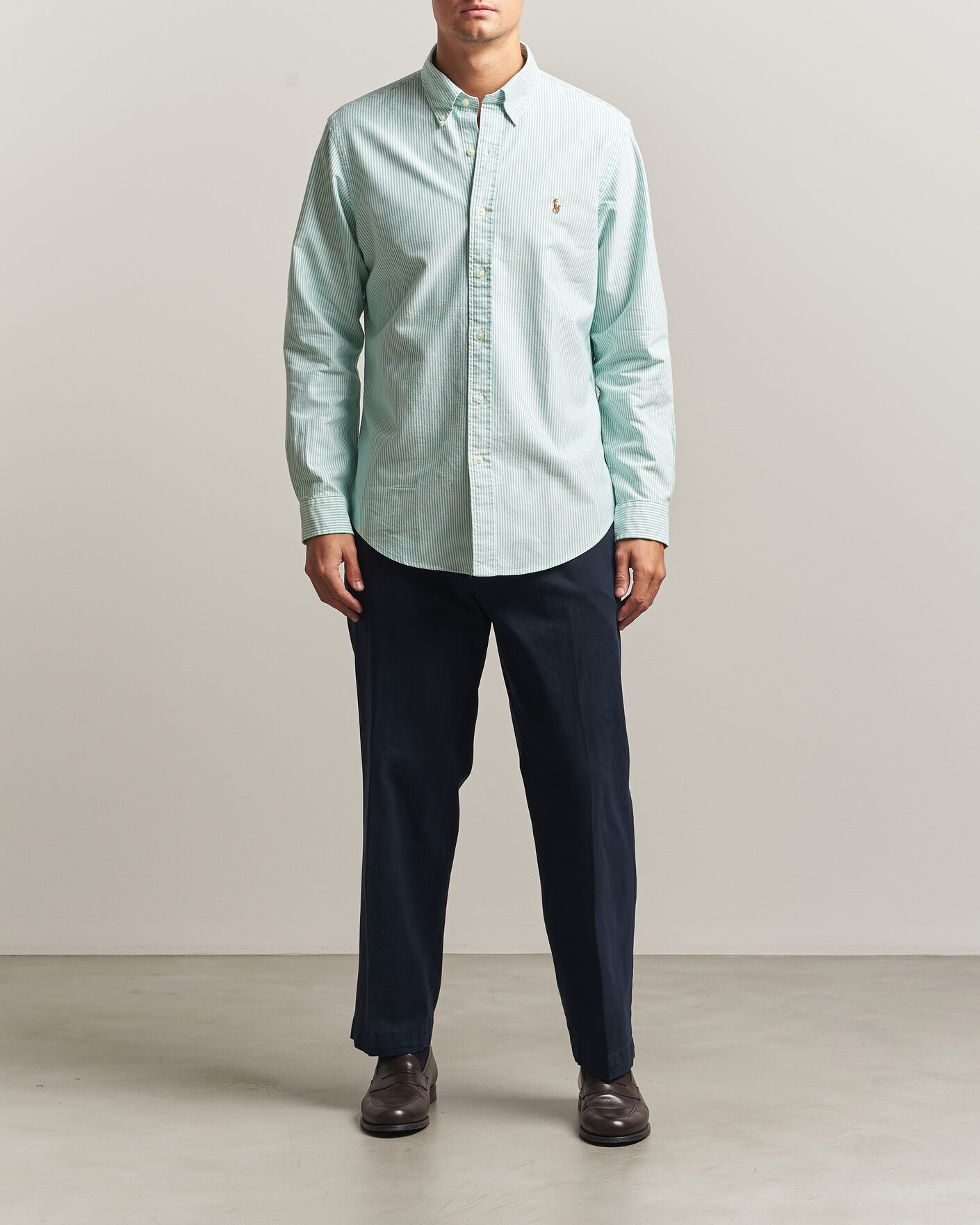 Men | Shirts | Polo Ralph Lauren | Custom Fit Striped Oxford Shirt Scarab Green/White