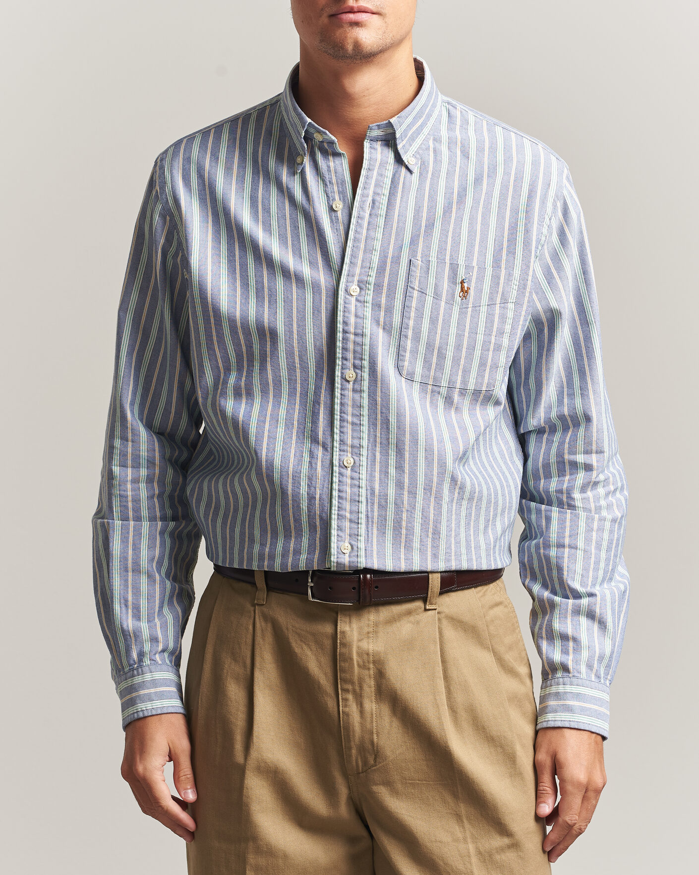 Men | Shirts | Polo Ralph Lauren | Custom Fit Striped Pocket Oxford Shirt Navy/Yellow