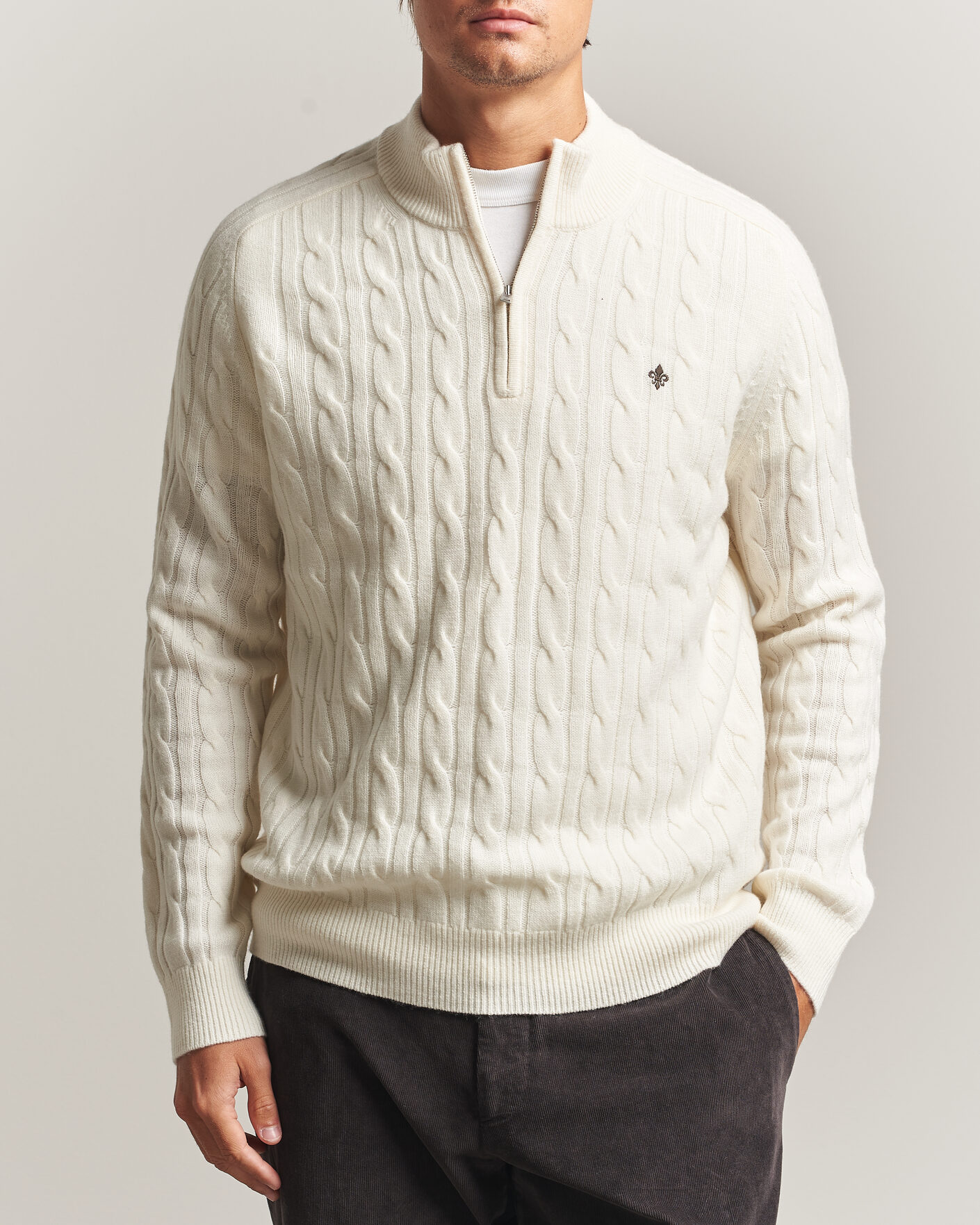 Men | Sweaters & Knitwear | Morris | Hertford Cable Half Zip Off White