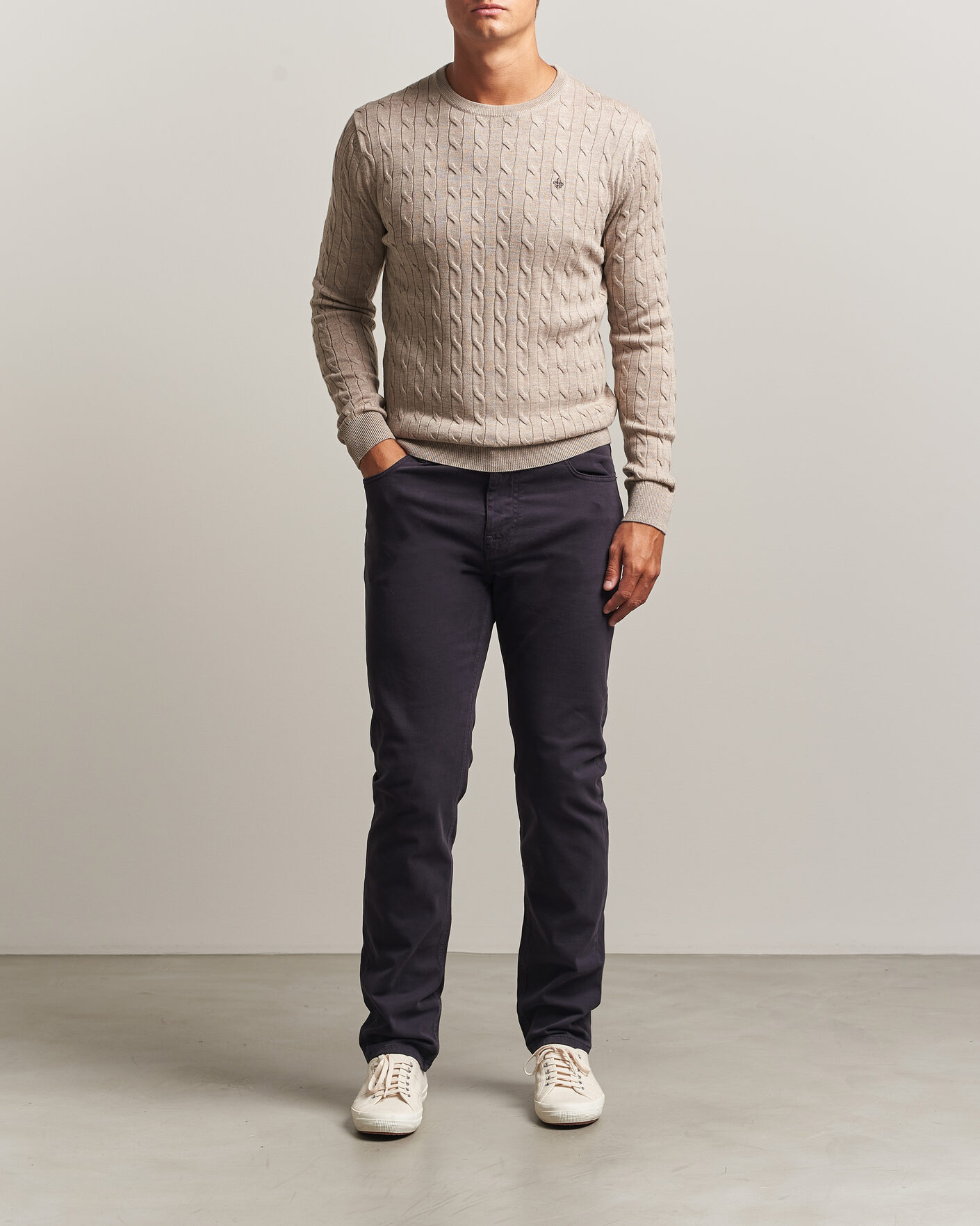 Men | Sweaters & Knitwear | Morris | Merino Cable O-Neck Khaki