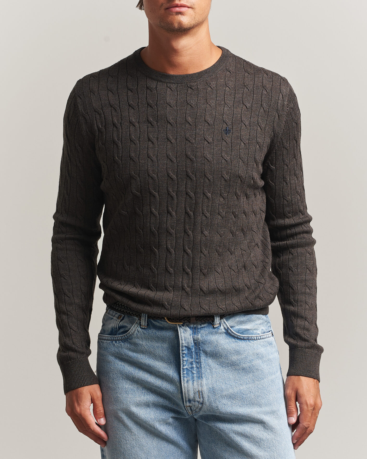 Men | Sweaters & Knitwear | Morris | Merino Cable O-Neck Brown