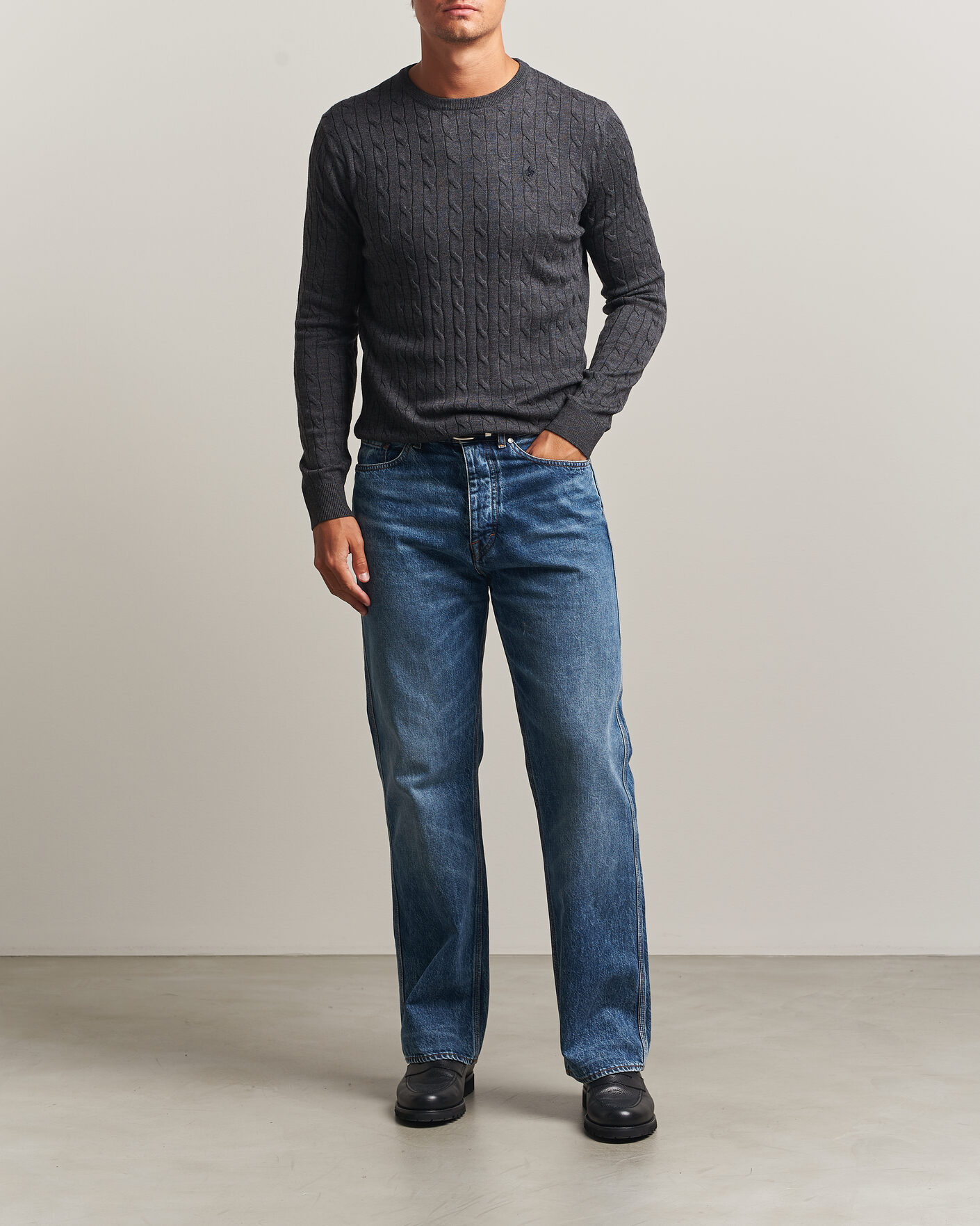 Men | Sweaters & Knitwear | Morris | Merino Cable O-Neck Grey