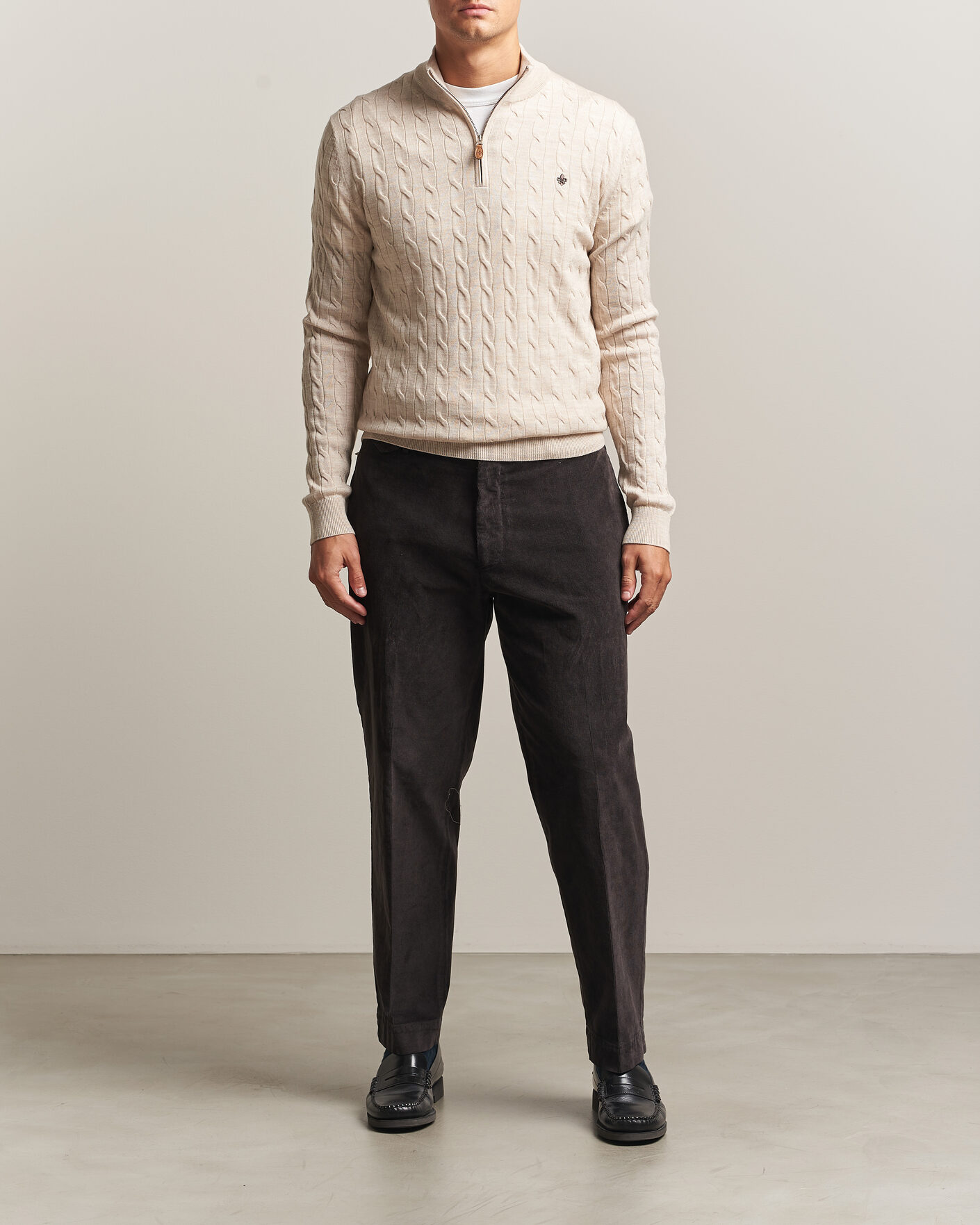 Men | Sweaters & Knitwear | Morris | Merino Cable Half Zip Off White