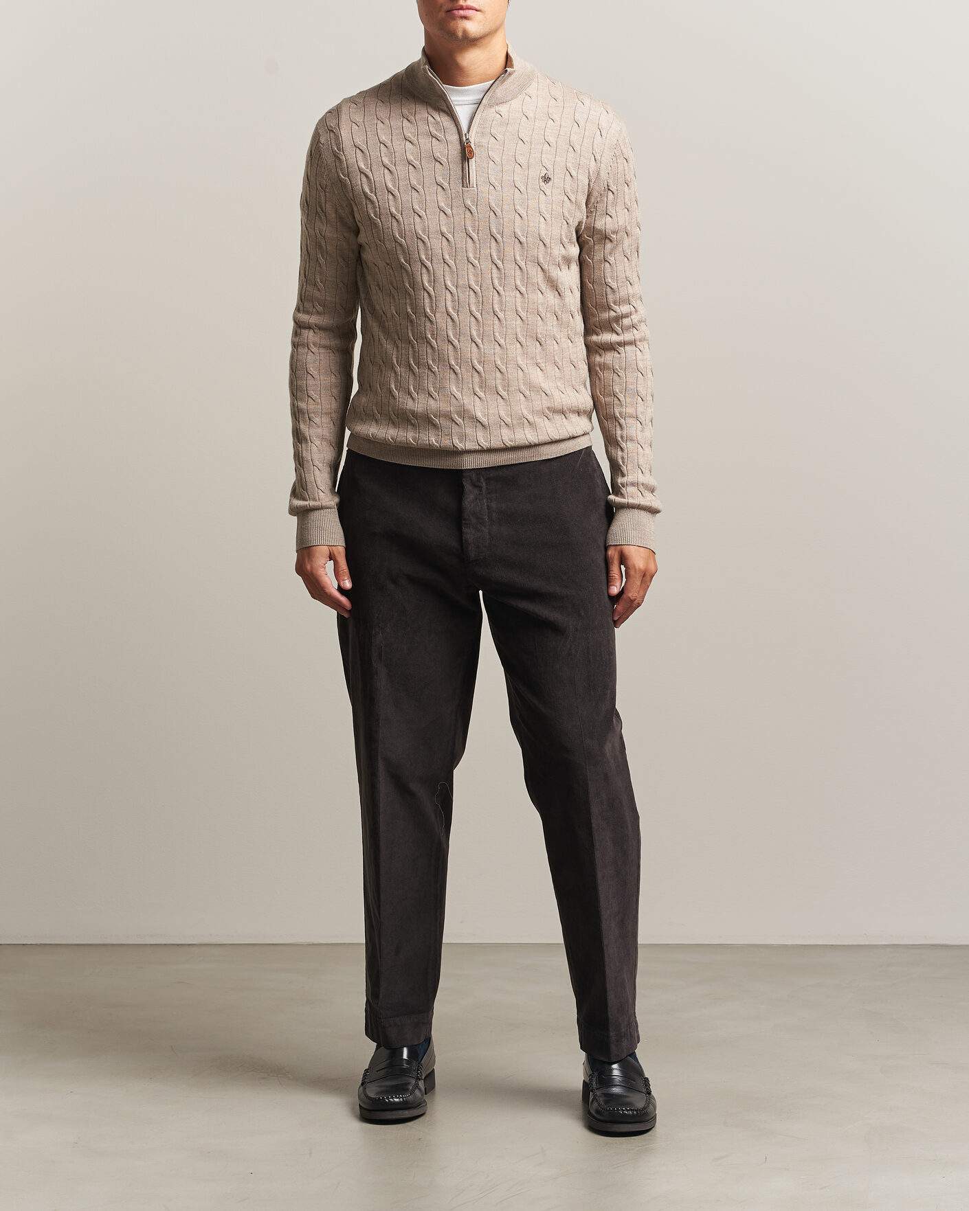 Men | Sweaters & Knitwear | Morris | Merino Cable Half Zip Khaki