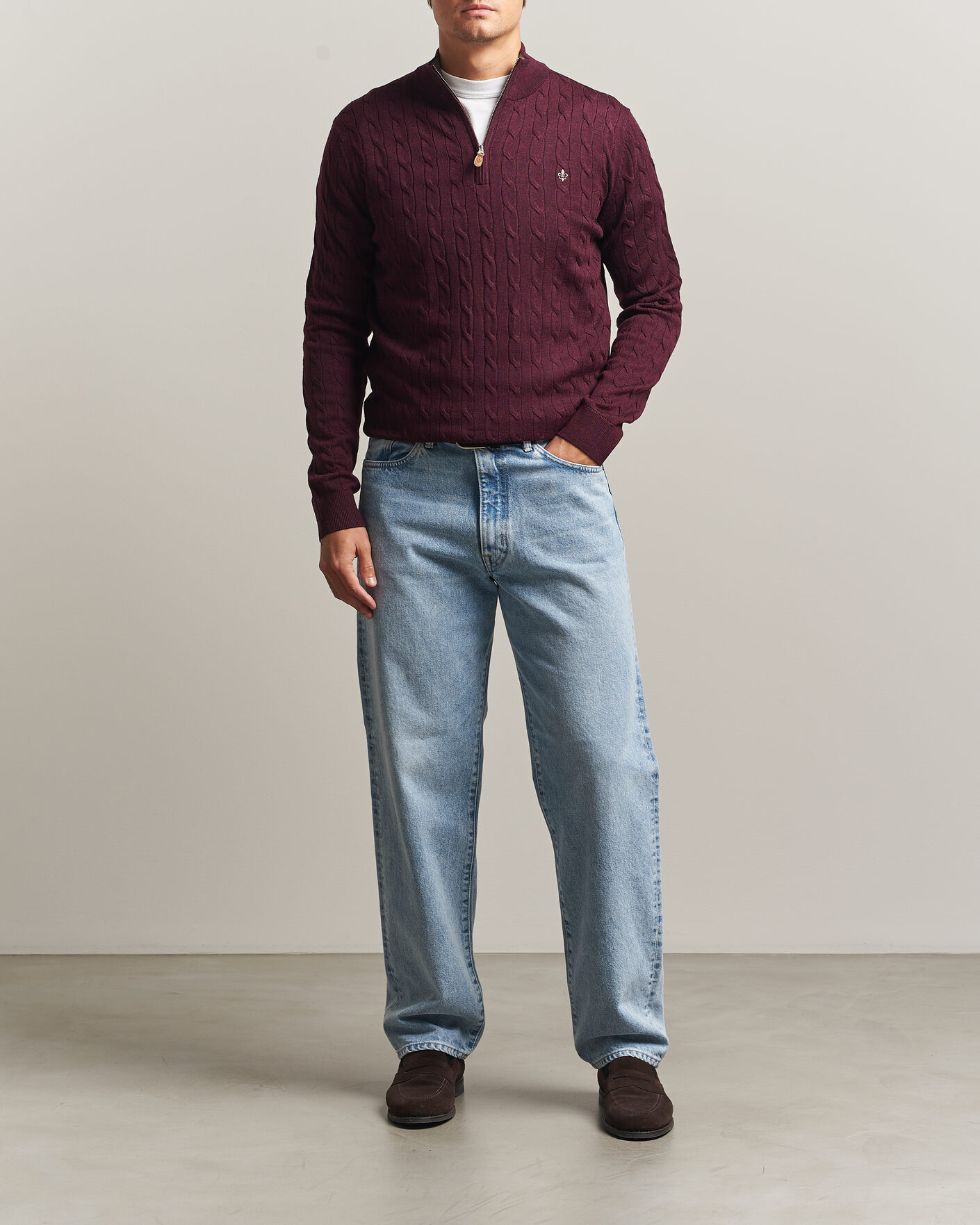 Men | Sweaters & Knitwear | Morris | Merino Cable Half Zip Wine Red