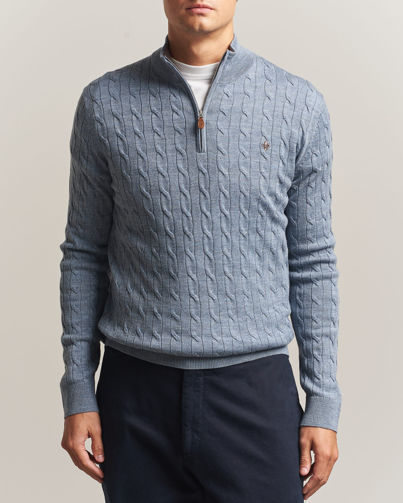 Men | Sweaters & Knitwear | Morris | Merino Cable Half Zip Light Blue