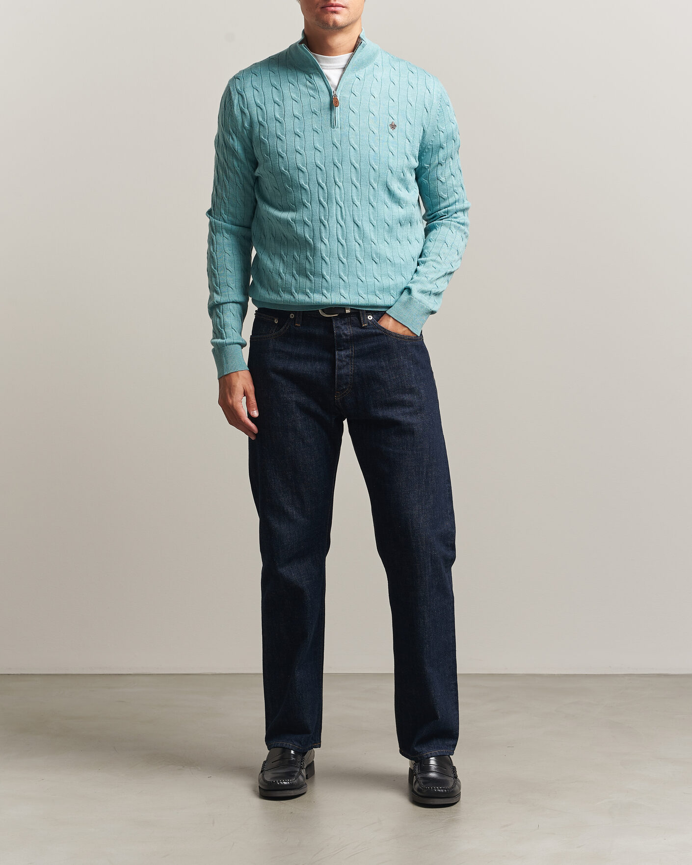 Men | Sweaters & Knitwear | Morris | Merino Cable Half Zip Ocean Blue