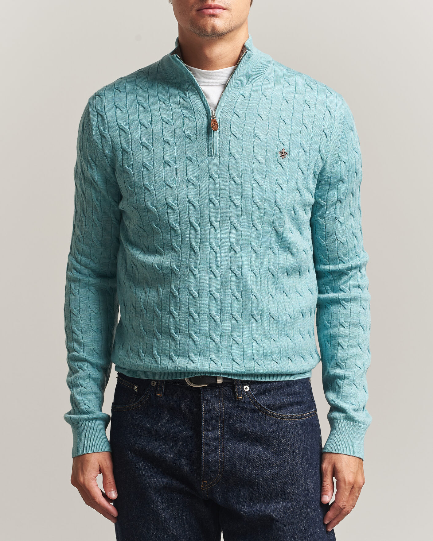 Men | Sweaters & Knitwear | Morris | Merino Cable Half Zip Ocean Blue