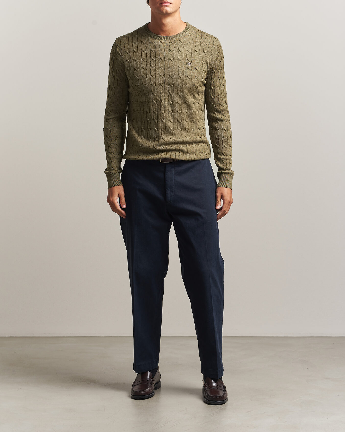 Men | Sweaters & Knitwear | Morris | Merino Cable O-Neck Olive