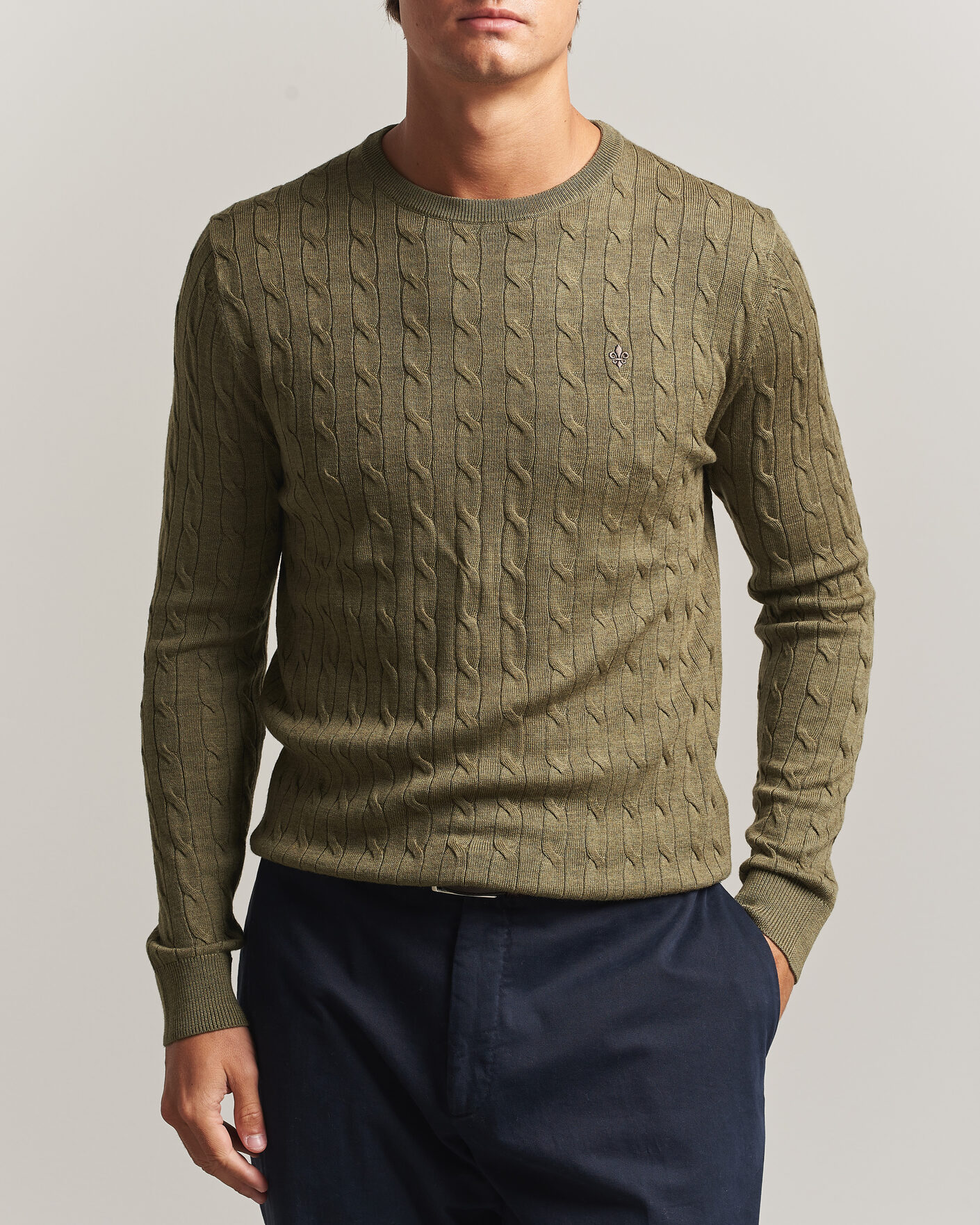 Men | Sweaters & Knitwear | Morris | Merino Cable O-Neck Olive