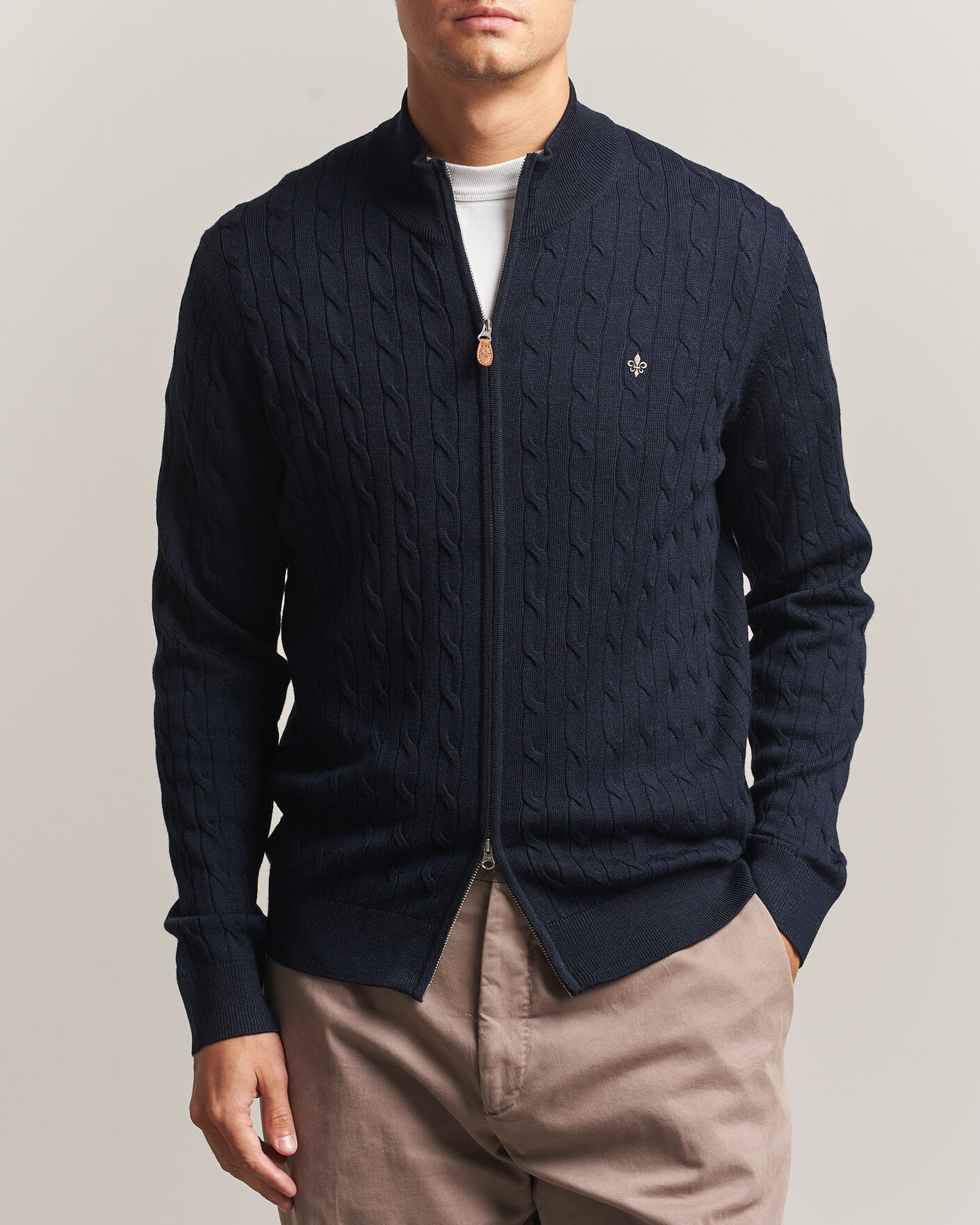 Men | Sweaters & Knitwear | Morris | Merino Cable Zip Cardigan Navy