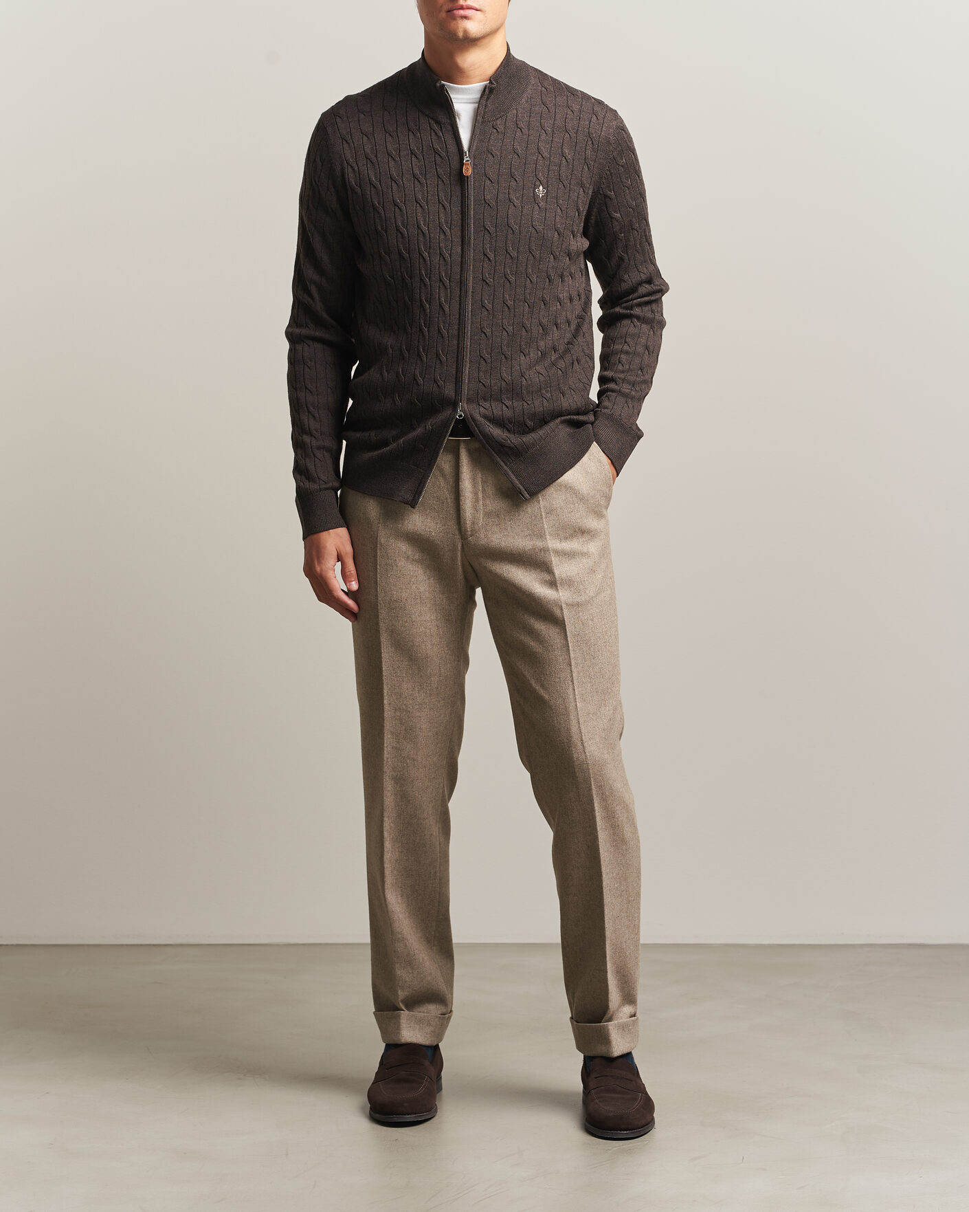 Men | Sweaters & Knitwear | Morris | Merino Cable Zip Cardigan Brown