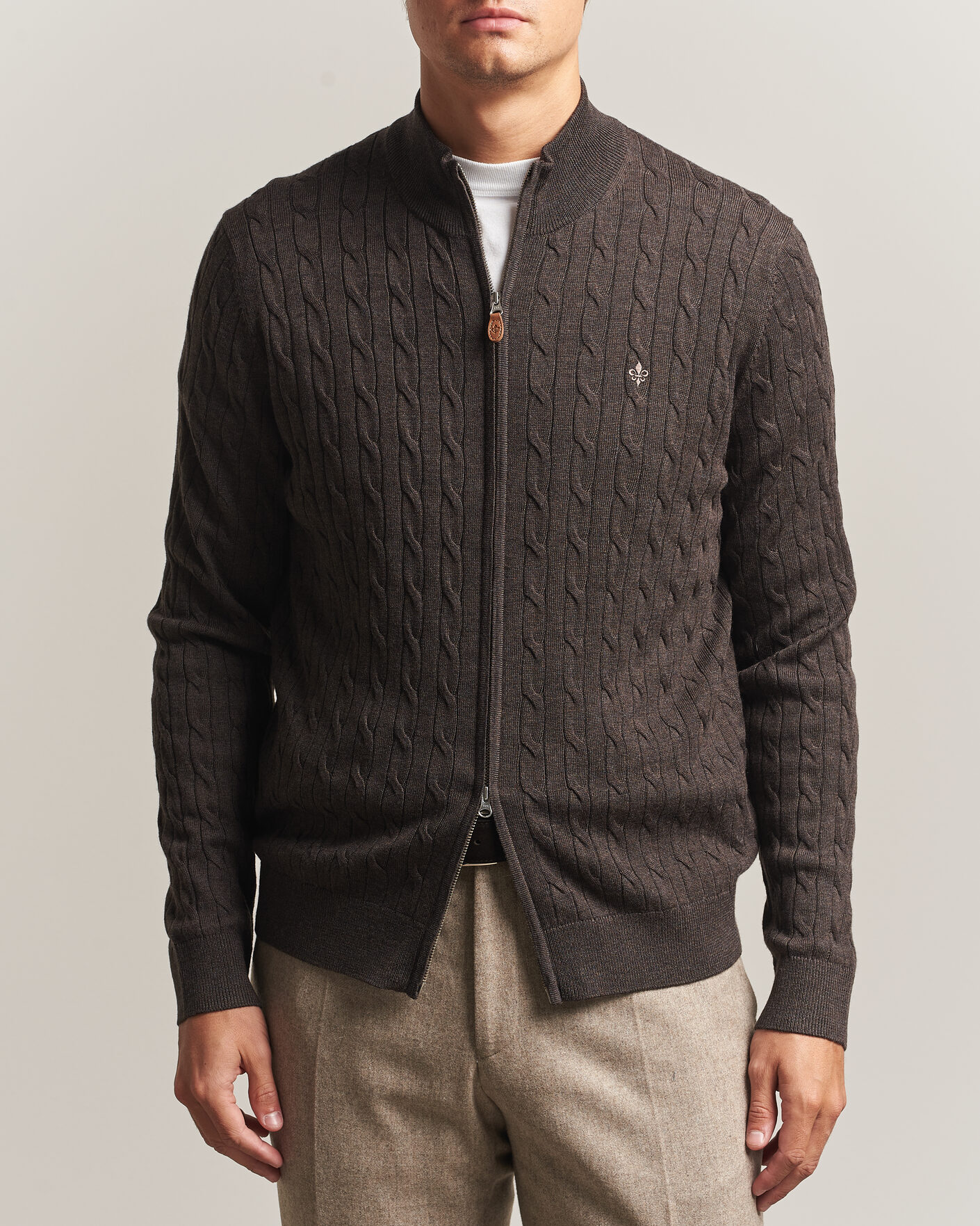 Men | Sweaters & Knitwear | Morris | Merino Cable Zip Cardigan Brown