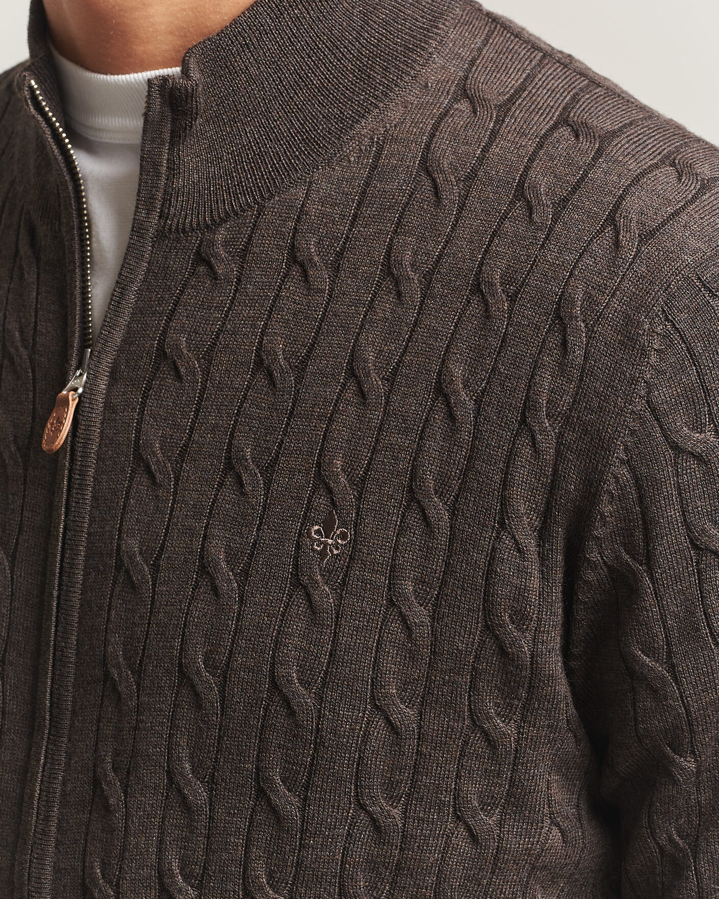 Men | Sweaters & Knitwear | Morris | Merino Cable Zip Cardigan Brown