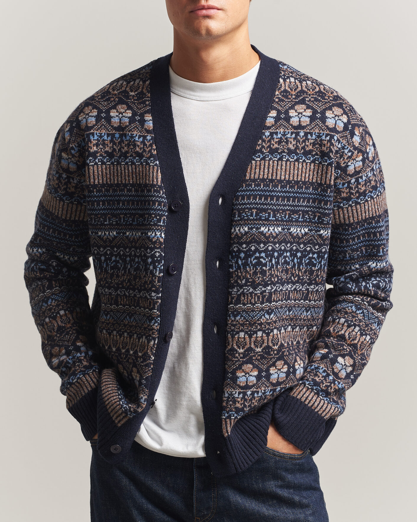 Men | Sweaters & Knitwear | NN07 | Tobias Fairisle Wool Knitted Cardigan Navy Blue